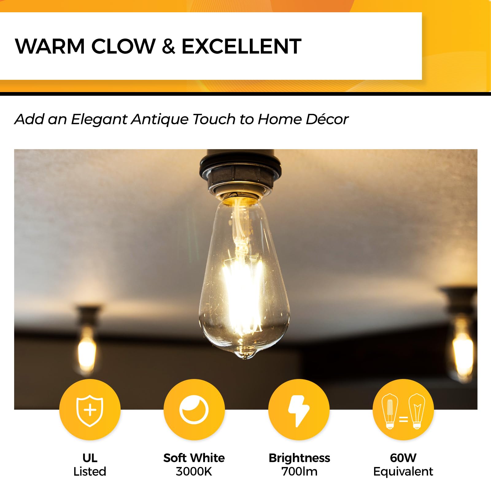 Hizashi Vintage Led Edison Bulb Dimmable, 6W Equivalent 60W, 3000K Soft White, E26 Base Led Light Bulbs, 700Lm, Ul Listed, High Cri 95+ Eye Protection, Clear Glass, Pack Of 12