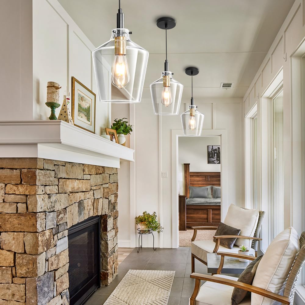 Vaziden Modern Glass Pendant Lighting For Kitchen Island, Farmhouse Black And Gold Pendant Light Fixtures 1 Pack, Adjustable Han