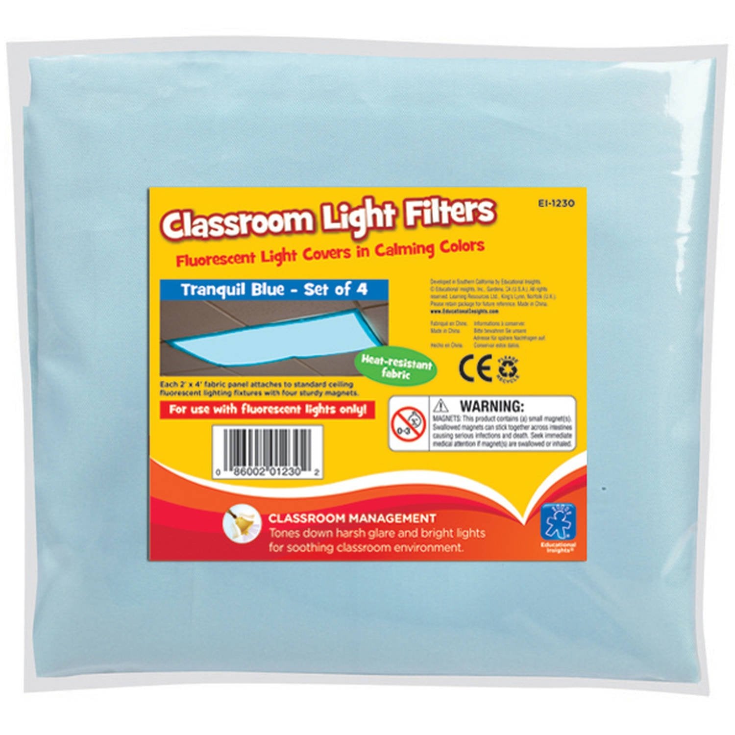 Educational Insights The Original Fluorescent Light Filters: Tranquil Blue 4-Pack, Fluorescent Light Covers, Easy Install For Classrooms, Office, Hospitals & Home, Teacher Classroom Essentials