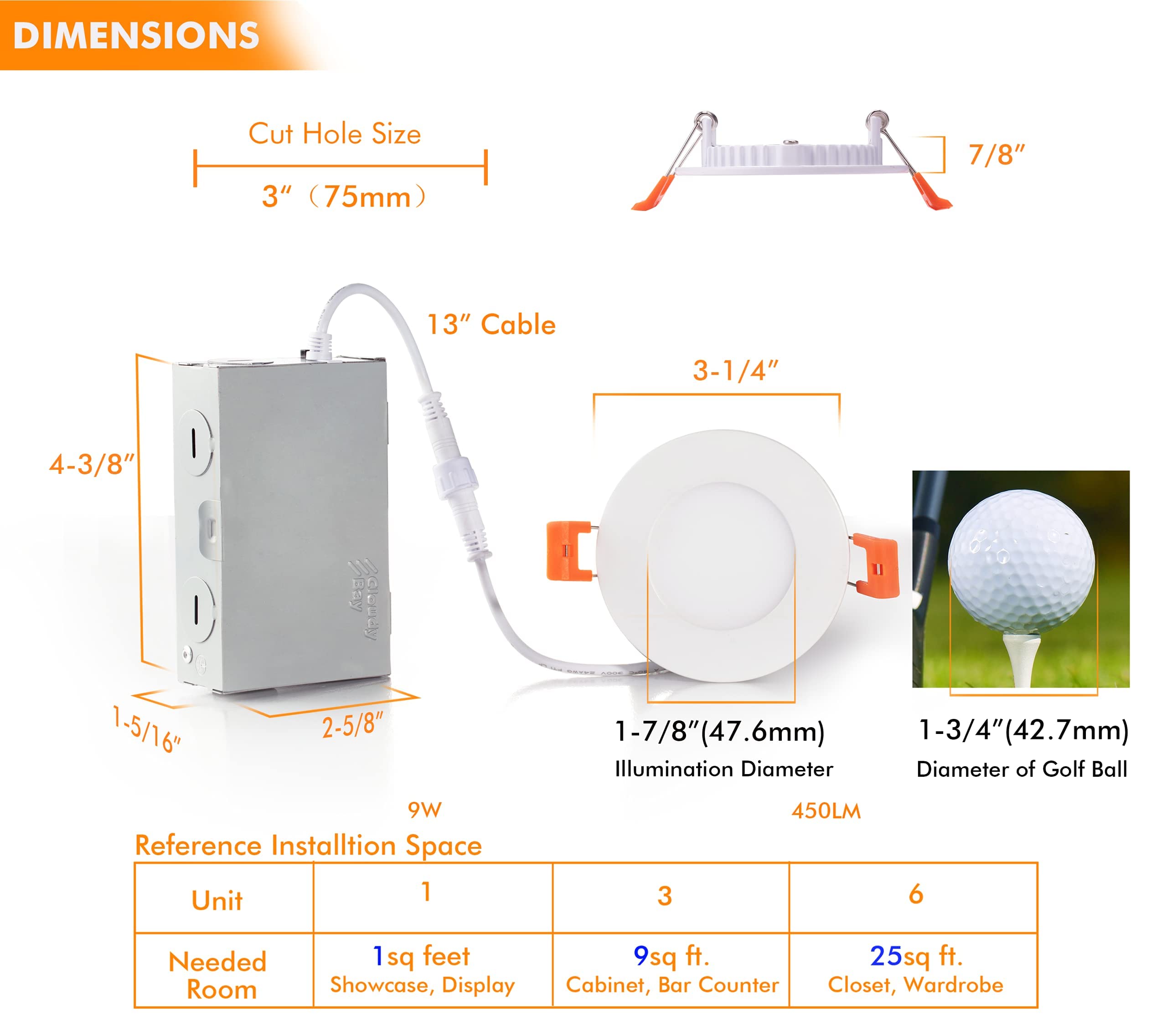 CLOUDY BAY 3 Inch Ultra Thin LED Recessed Light, 5 Color Temp, IC Rated, Aluminum, Pack of 6, Model LJD005WH5C-6PK