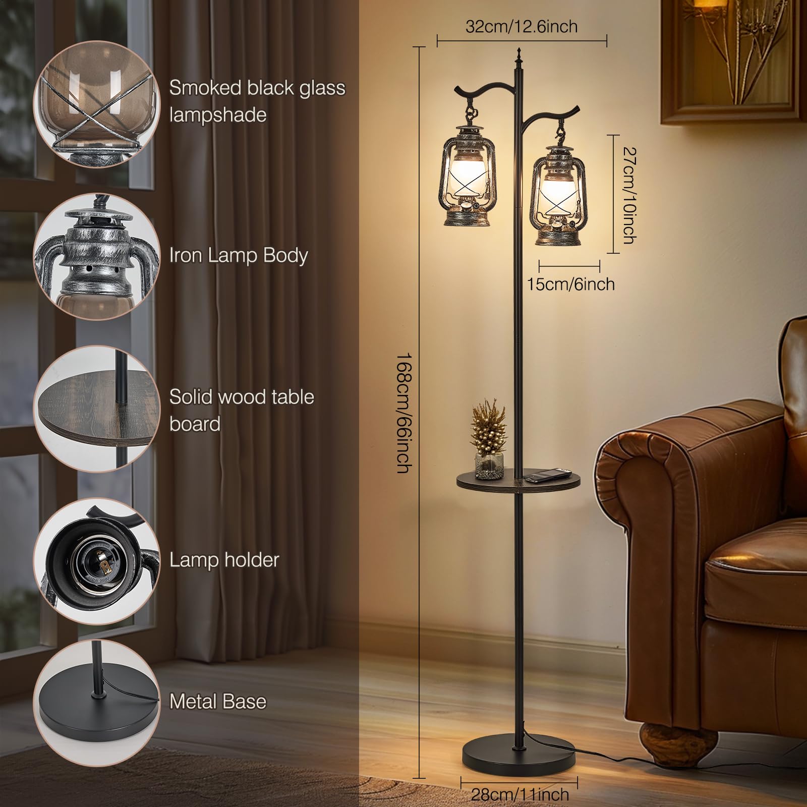 workluurop Farmhouse Floor Lamp with Table, Double Head Vintage Design, Silver Metal, Model HYZC765
