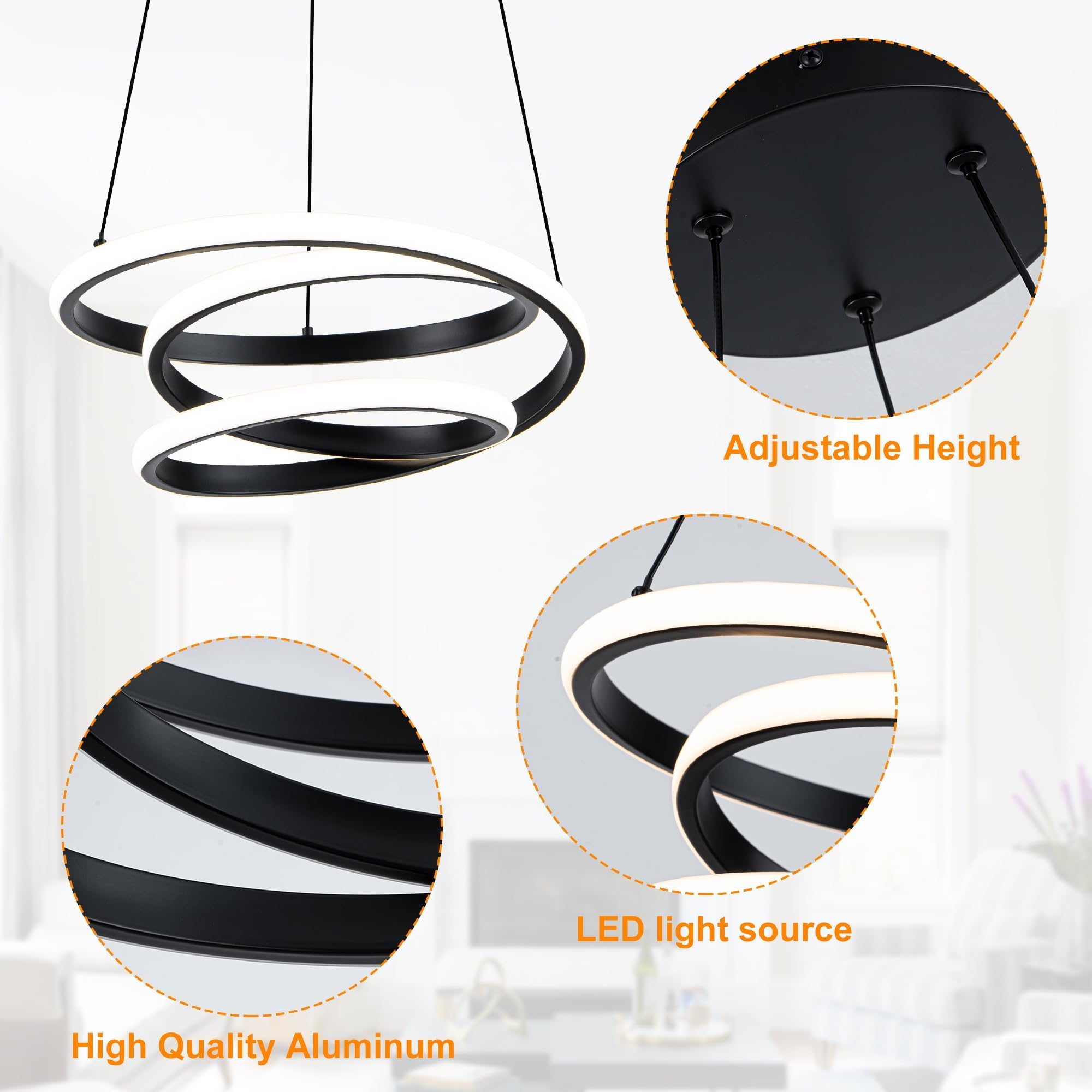 Mayful Modern Chandelier With Remote Control  3-Color Dimmable Led Pendant Light Fixtures  Height Adjustable Kitchen Island Lighting For Dining Room Bedroom Living Room Foyer Office Black 13.78 Inches