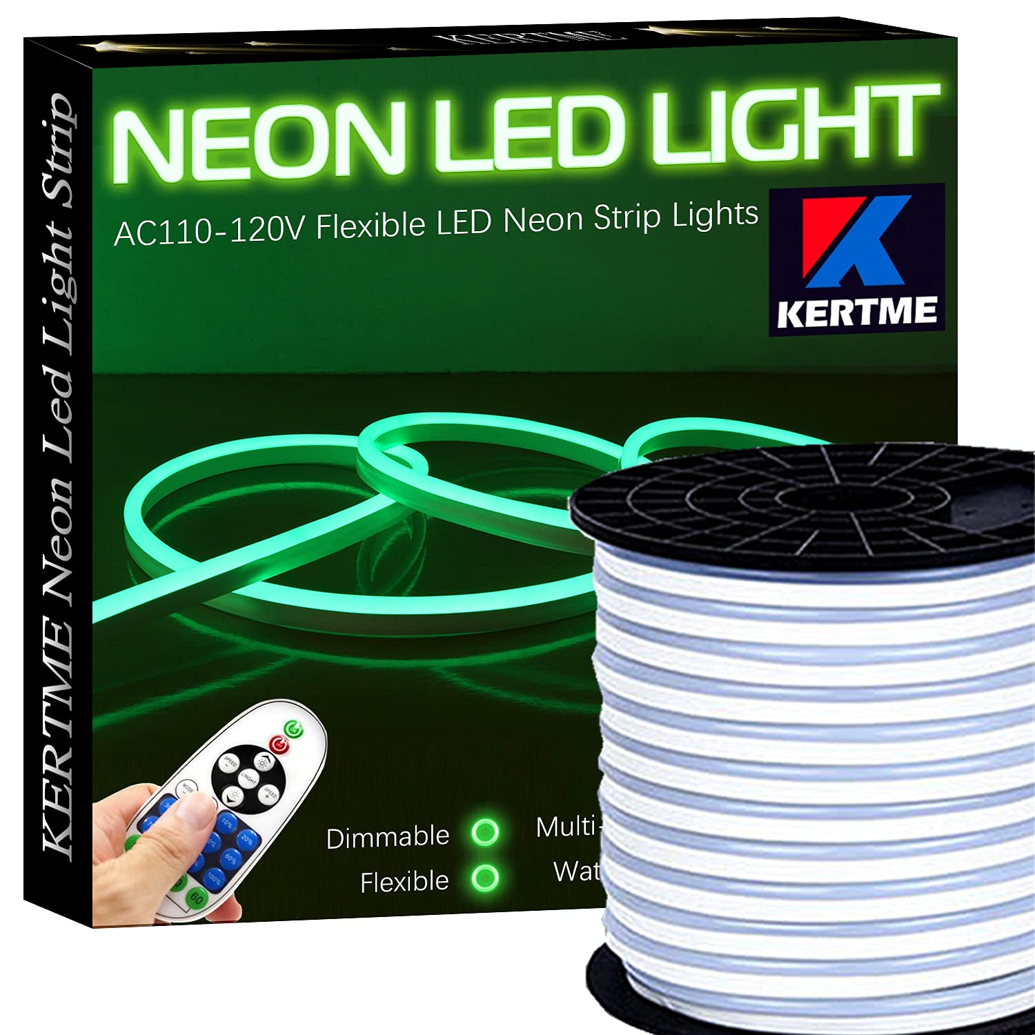 KERTME Neon LED Light Strip, Waterproof & Dimmable, 32.8ft, Green, Model: Neon LED-G-10M