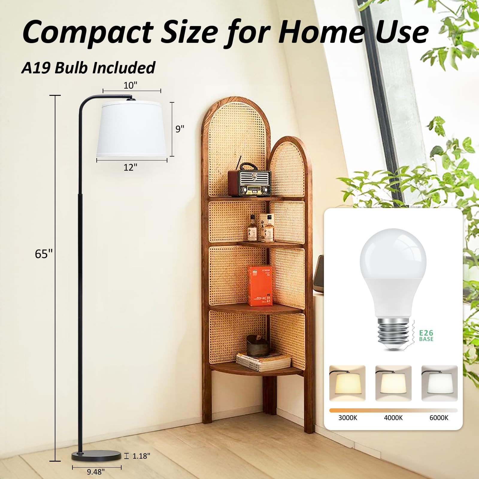 AKASUKI Floor Lamp with 3 Color Temperatures, 9W LED Bulb, Black Base-White Shade, Model LT-1125, for Living Room/Bedroom/Office
