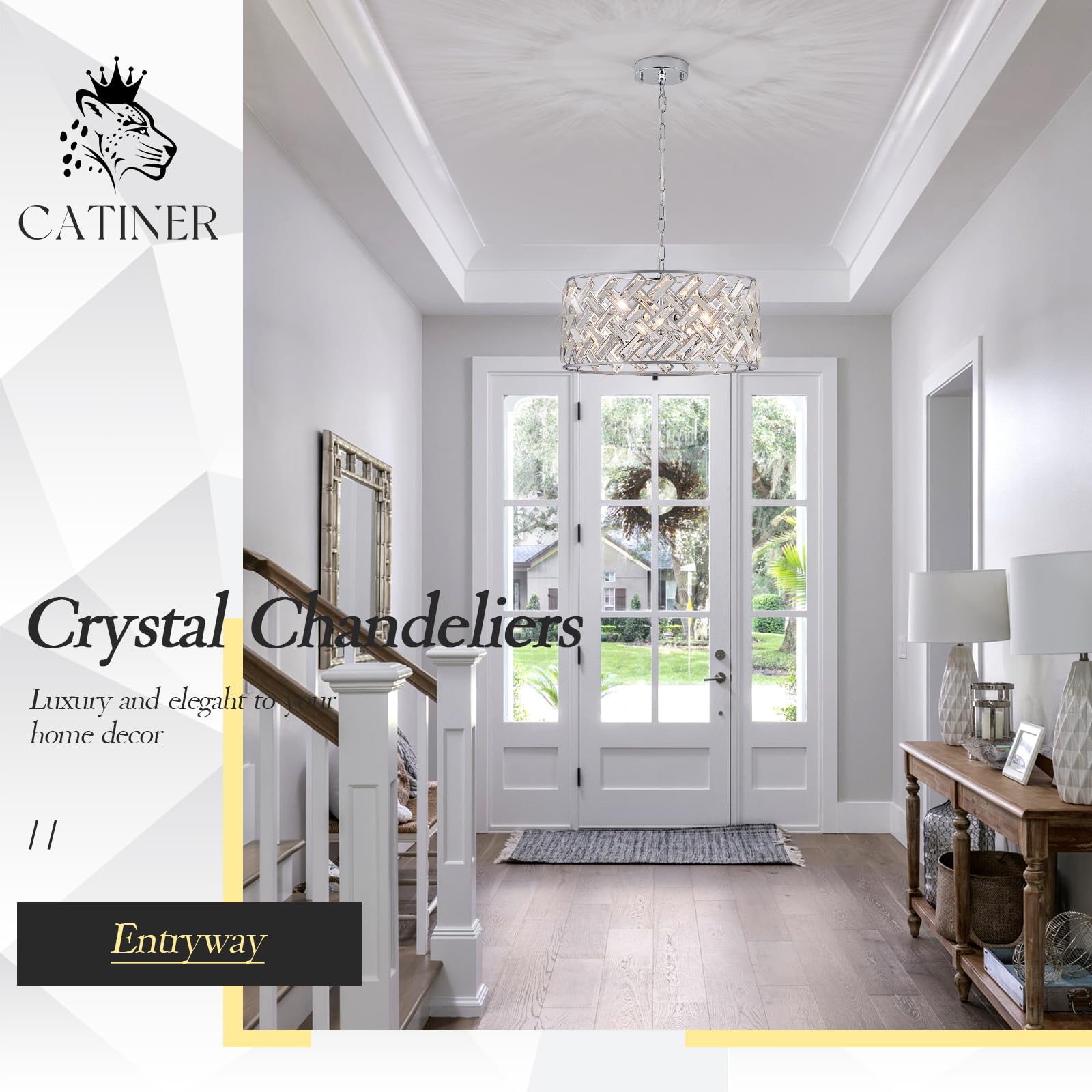 CATINER Chrome Crystal Chandelier, 6-Light Modern Semi Flush Mount, D18” K9 Crystal for Dining Room, Entryway, Kitchen, Hallway