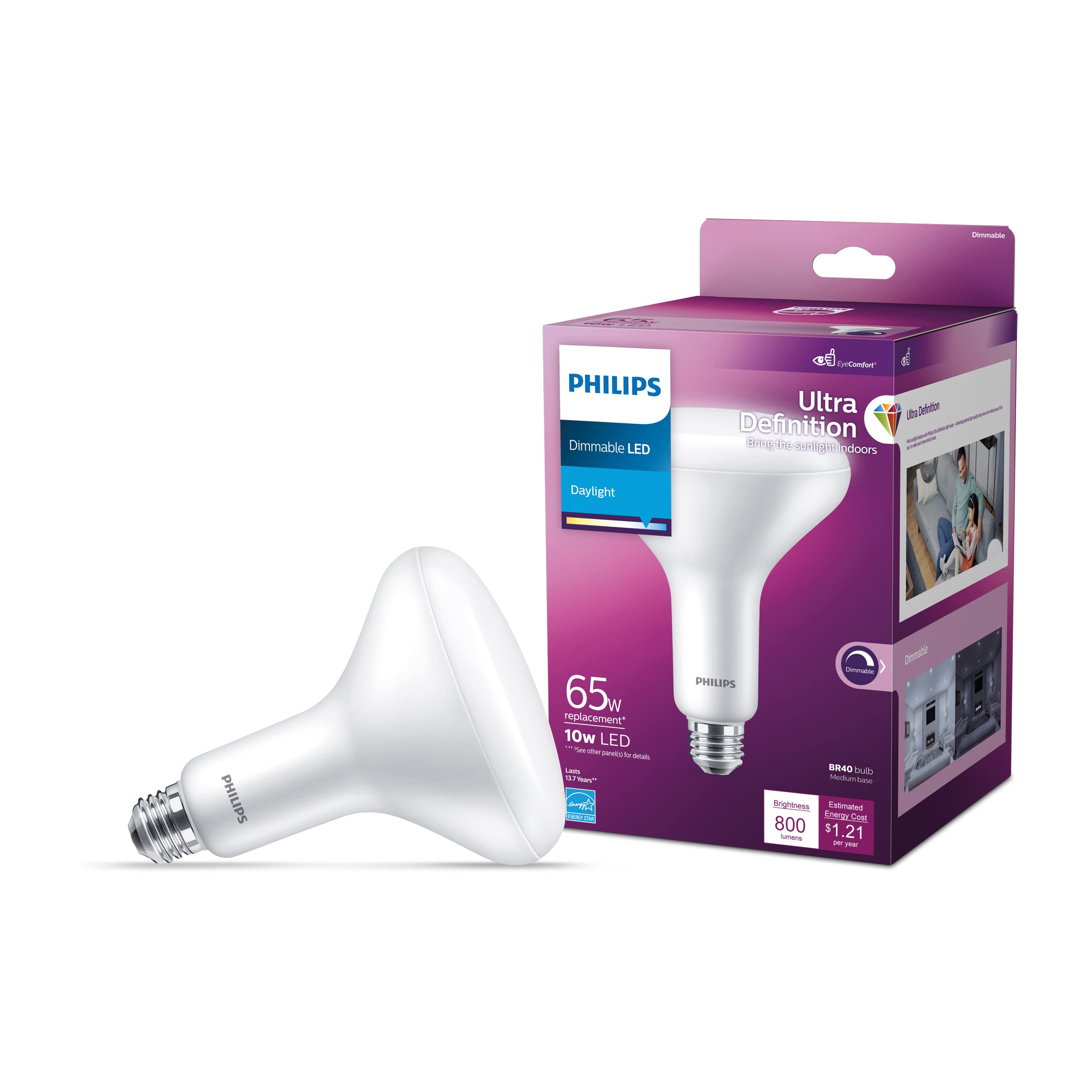 Philips LED BR40 Light Bulb, Dimmable, 800 Lumen, Daylight 5000K, 10W=65W, E26 Base, 1-Pack, Eye