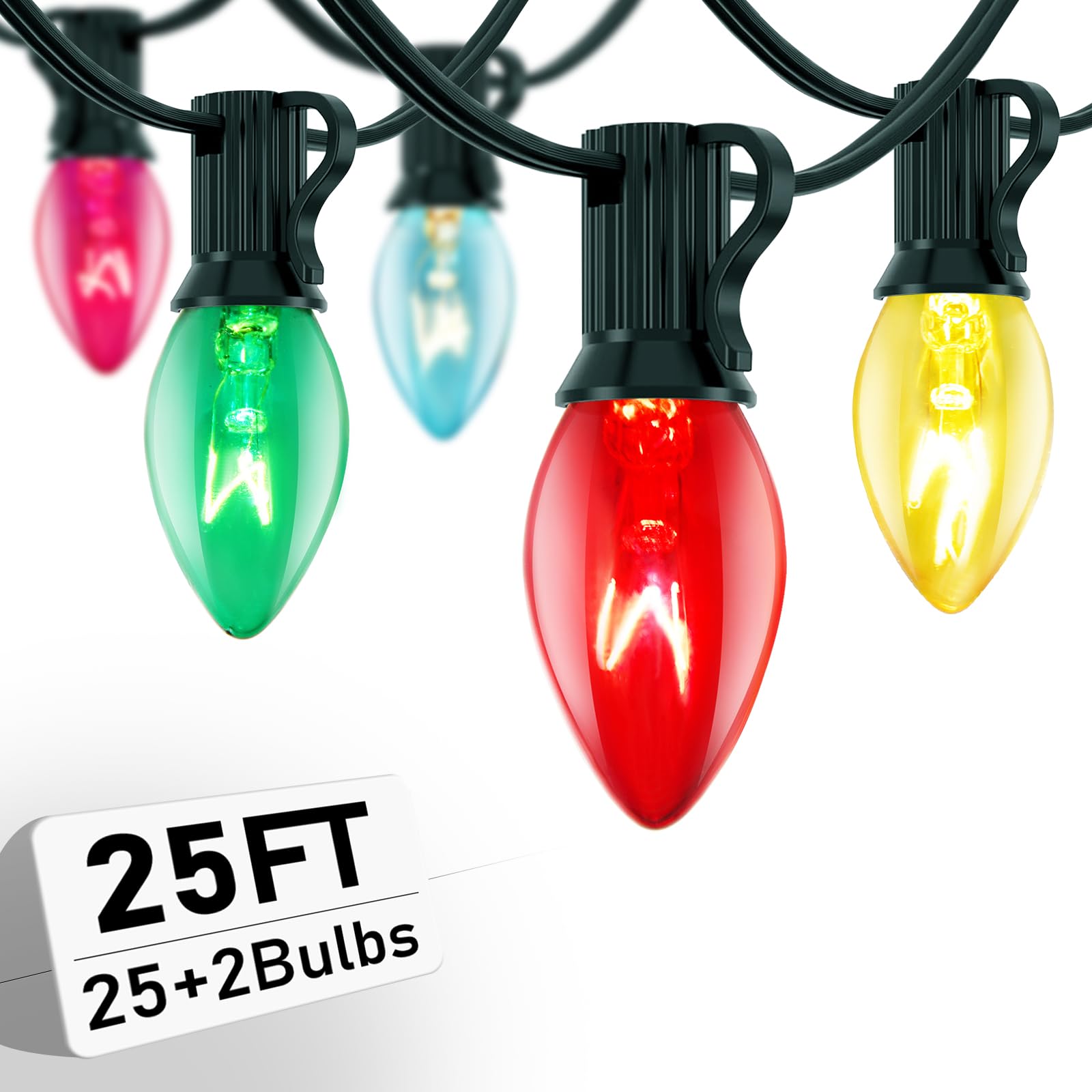 Xingzd 25Ft Multicolor Christmas Lights Outdoor  C7 Vintage String Lights With 25 Colorful Clear Incandescent Bulbs  Hanging Patio Lights For Porch Roofline Christmas Tree Garden Pathway Indoor Decor