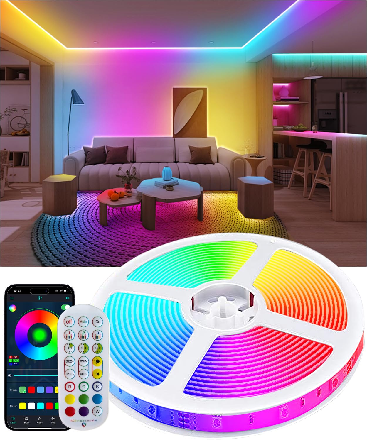 Tenmiro RGB Smart IC LED Strip Lights, DIY Rainbow Multicolor Music Sync Light Strips Color Changing Strip Lighting,LED Lights f