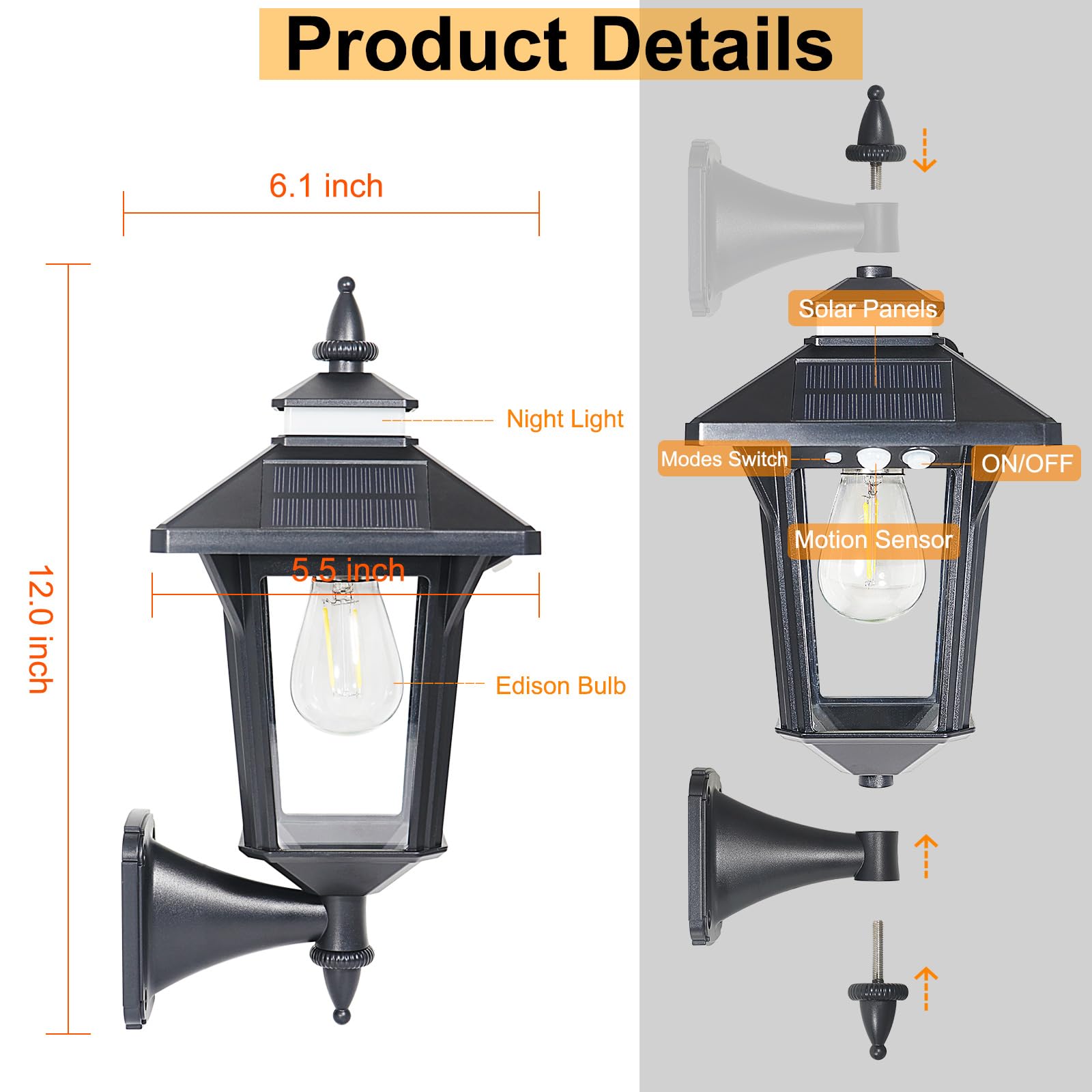 Solar Powered Wall Lantern Lights Outdoor With 3 Modes, Motion Sensor Solar Wall Light Waterproof, Dusk To Dawn Led Exterior Front Porch Lights Fixtures Wall Mount For Garage House Patio Doorway Yard