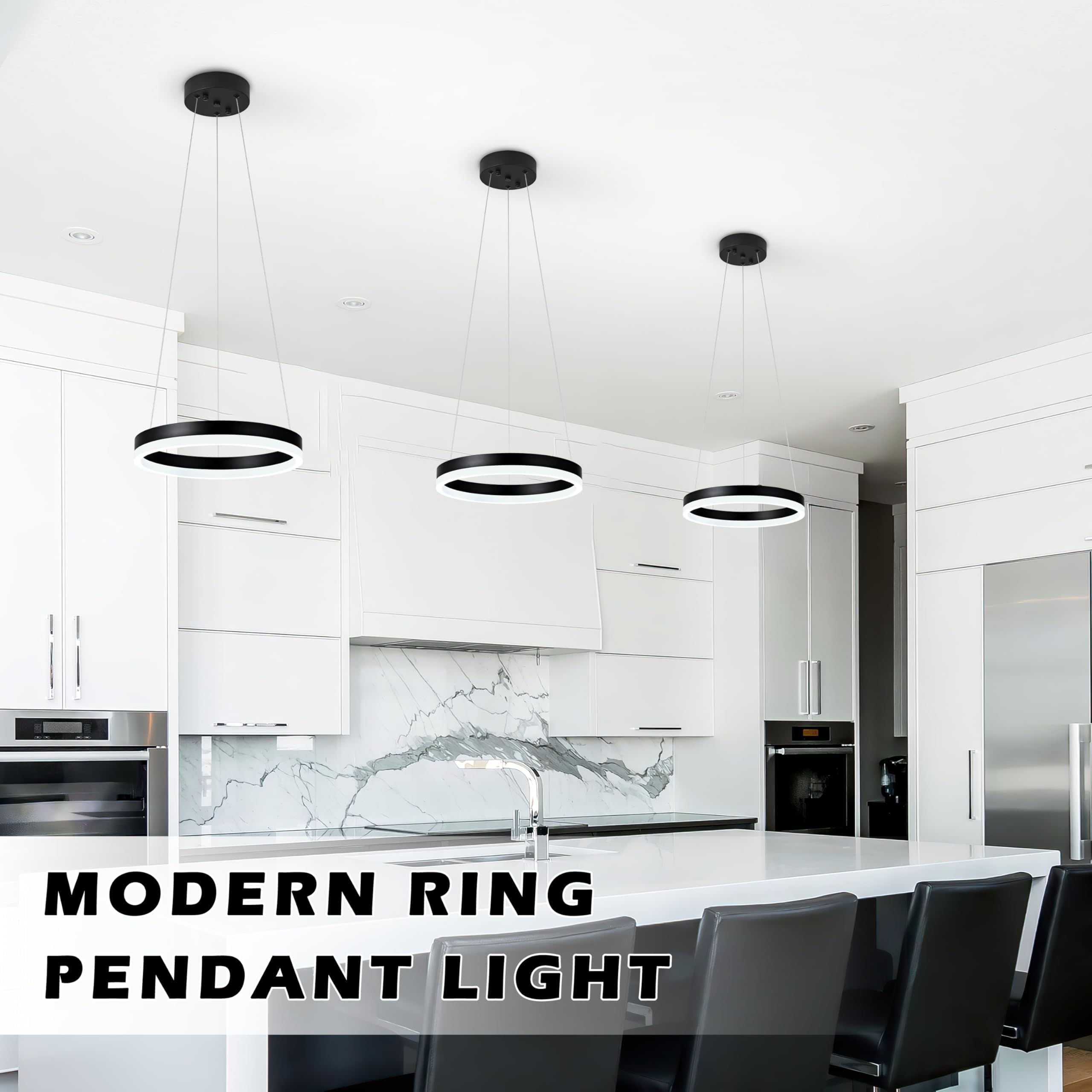 Mccokaige 12" Black LED Ring Chandelier - Modern Pendant Light Fixture for Kitchen Island, Bedroom, Dining Room - Adjustable Height, Metal