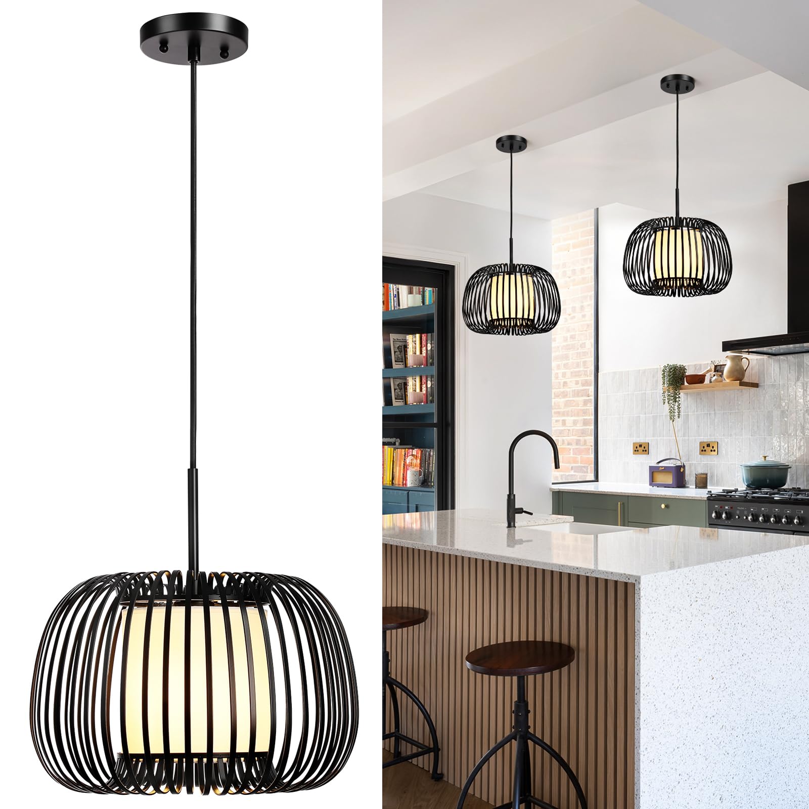 Linour Black Chandelier Ceiling Light Fixture, 13.7in Metal Drum Pendant, Adjustable, Model 8220PL-01BK-US