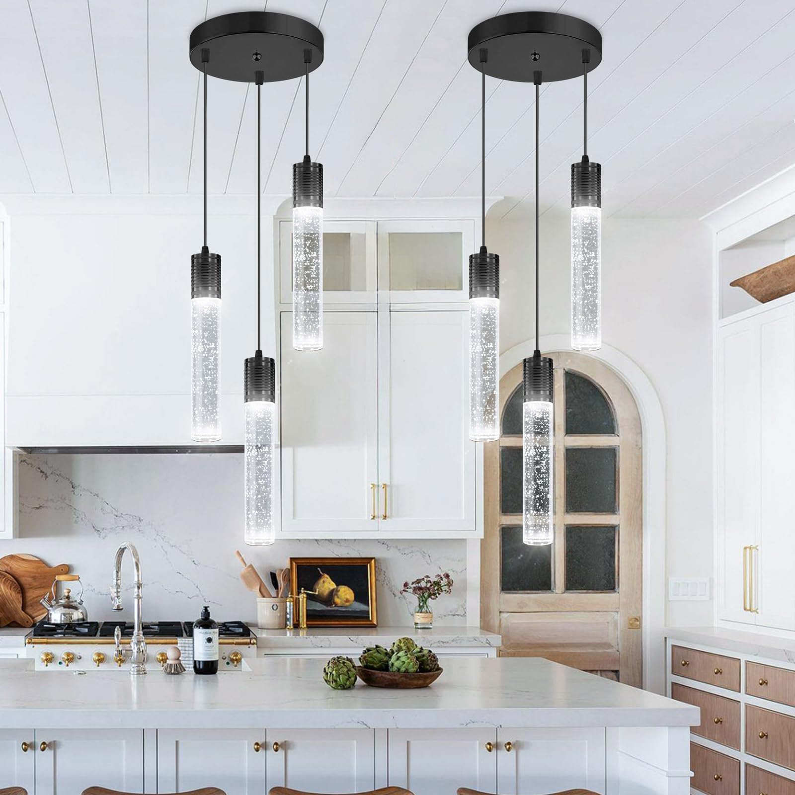 dolria 3-Lights Pendant Light Fixture, Black Crystal Chandelier for Kitchen Island & Dining Room, Model PC0019, 6000K White Light