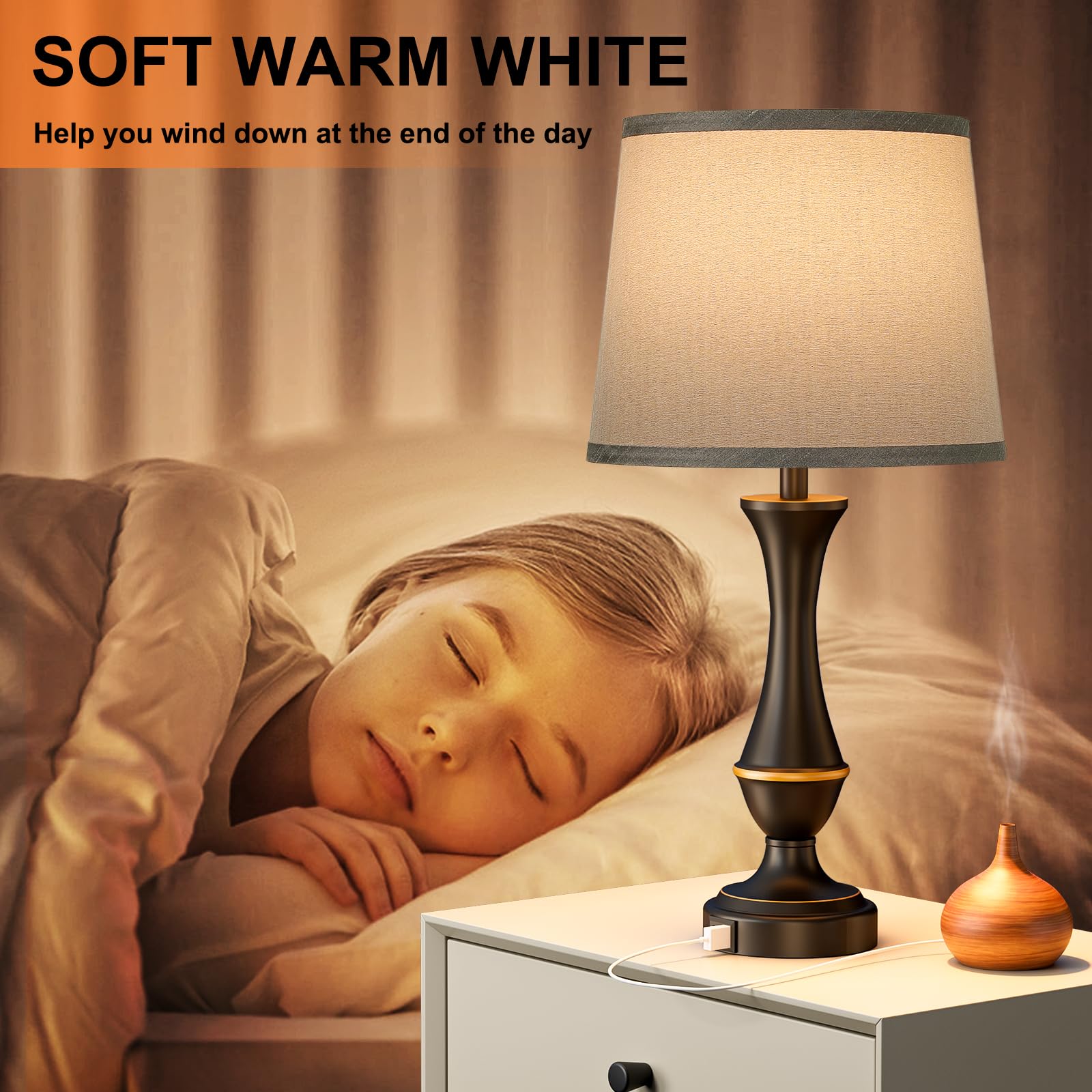 Seealle Touch Lamps Set Of 2 - 3-Way Dimmable Metal Nightstand Lamps With Usb, Grey Shade & Black Base For Bedroom And Living Room