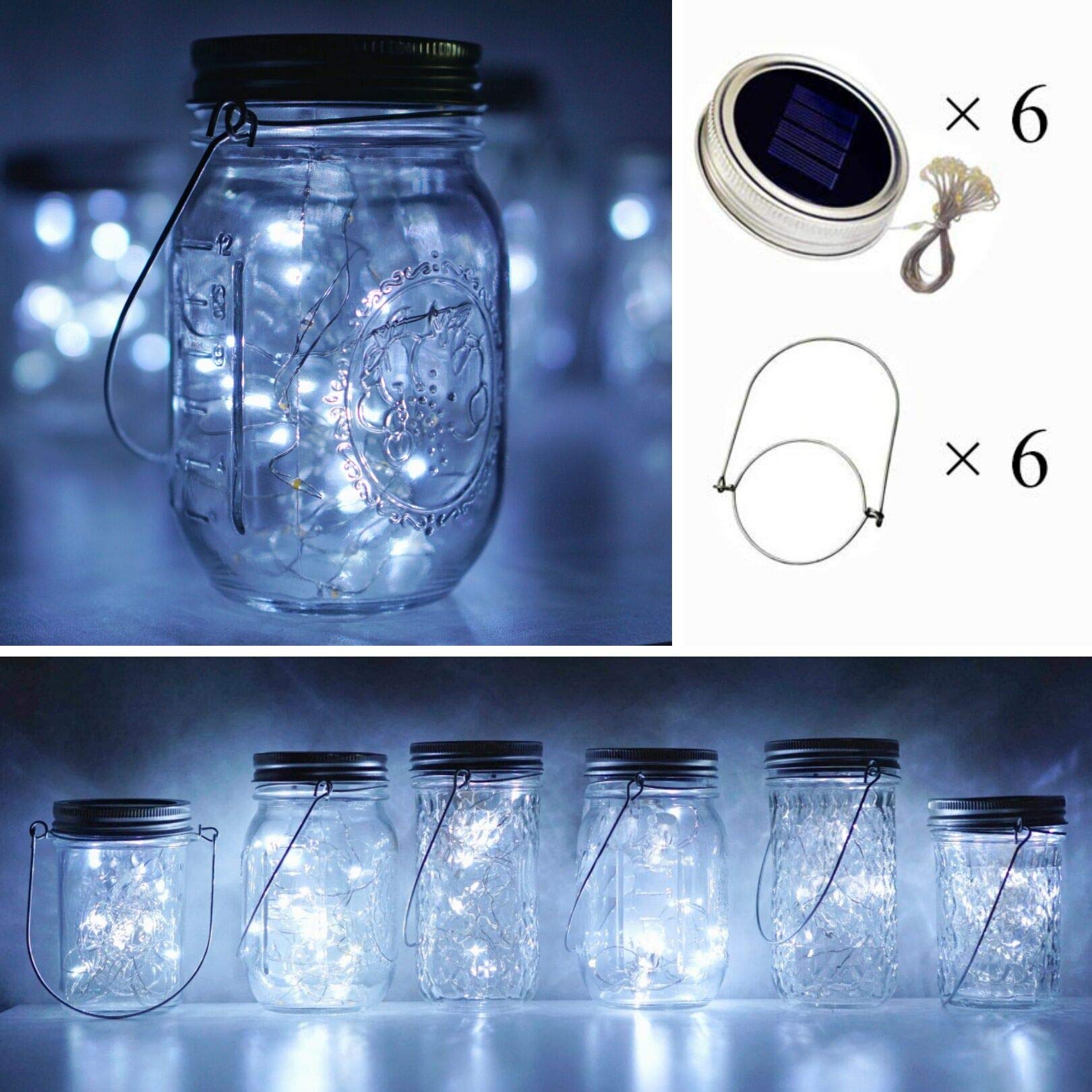 Cynzia Solar Mason Jar Lights, 20 LED Fairy String Lights, Waterproof, Cold White, 6 Pack, No Jars, Outdoor Decor