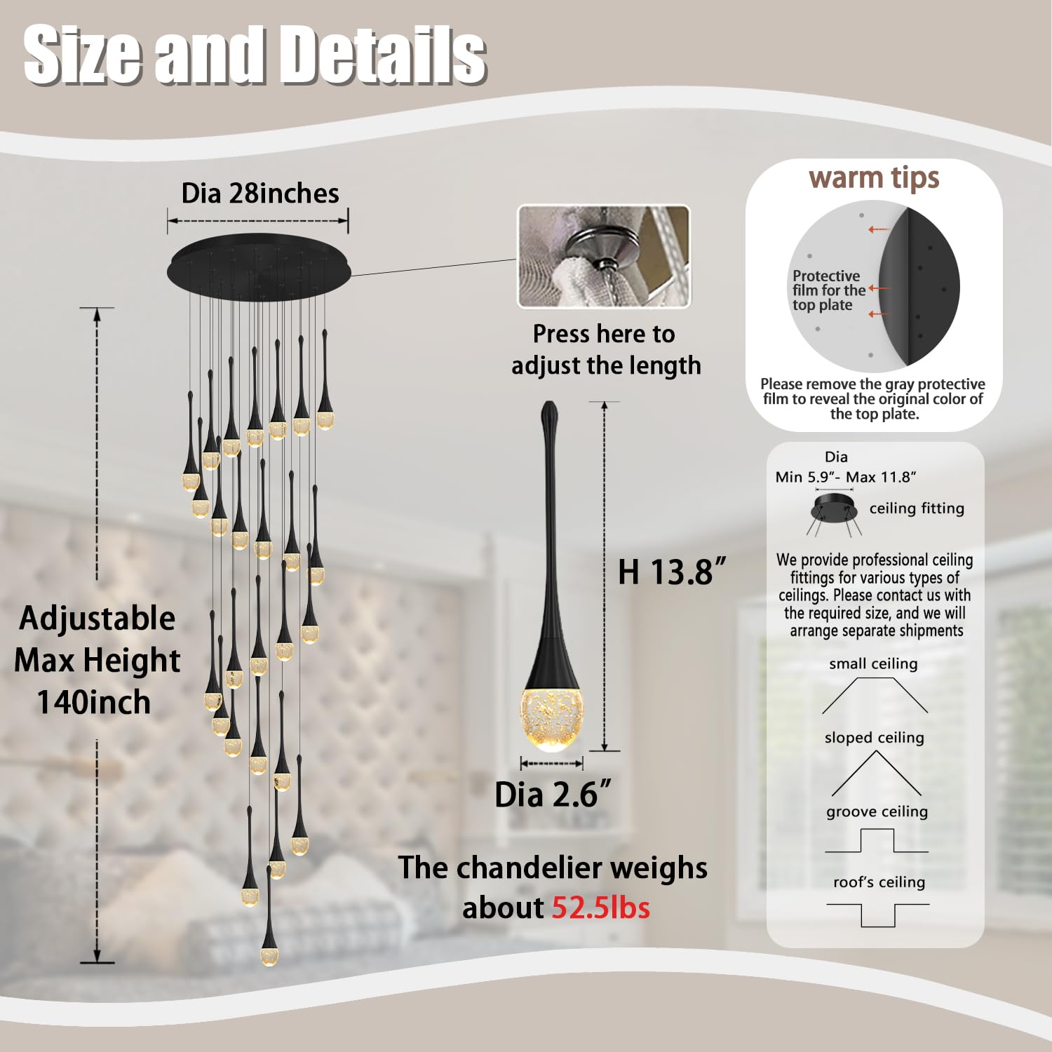 ykolupty 138" Long Spiral Crystal Chandelier, 26-Lights, Gold Raindrop Design, LED Dimmable, Model TP0038-26H, Black