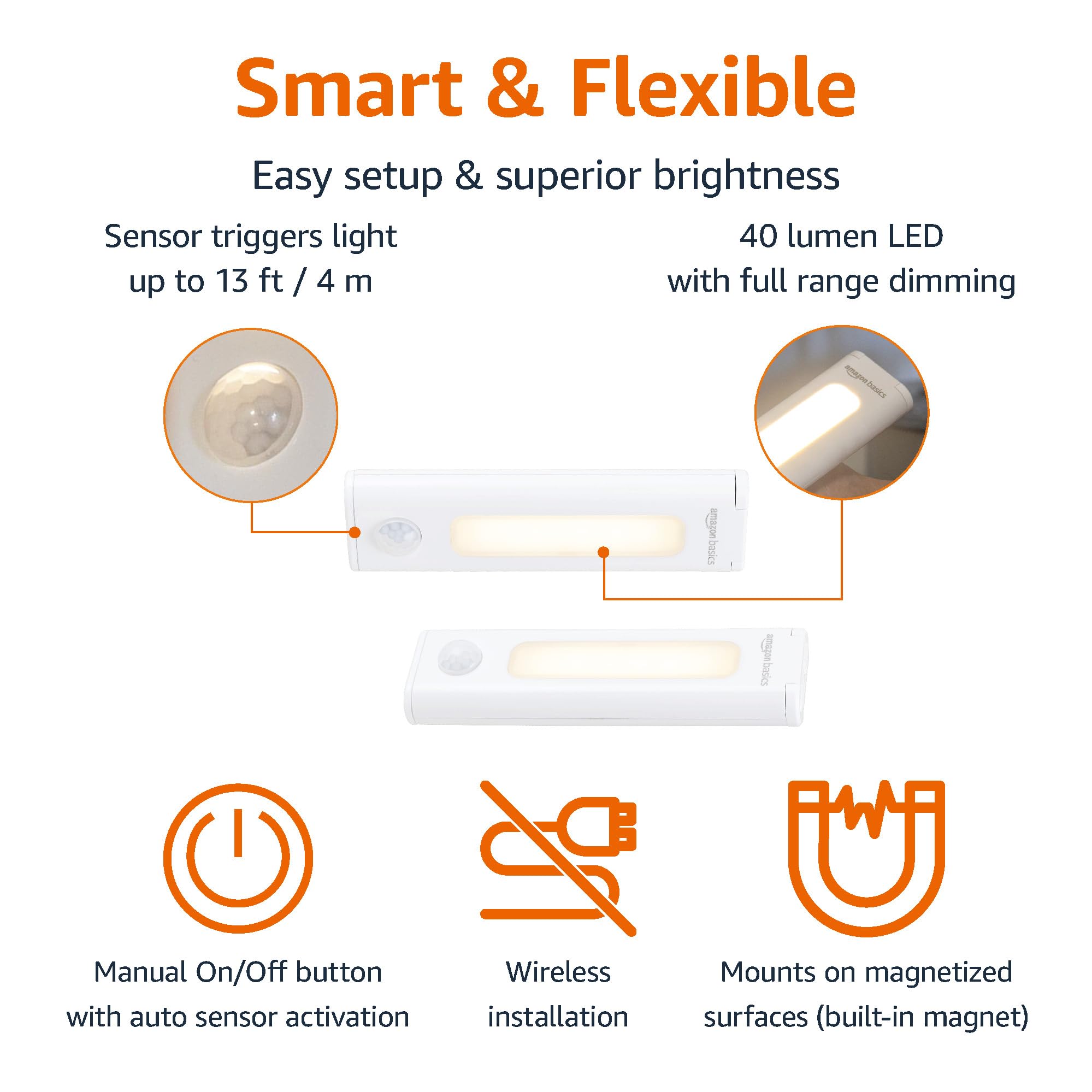 Amazon Basics LED Stick On Lights, Wireless Motion Sensing, 2 Pack, White, Model 59428, Battery Operated, Portable Under Cabinet Lighting