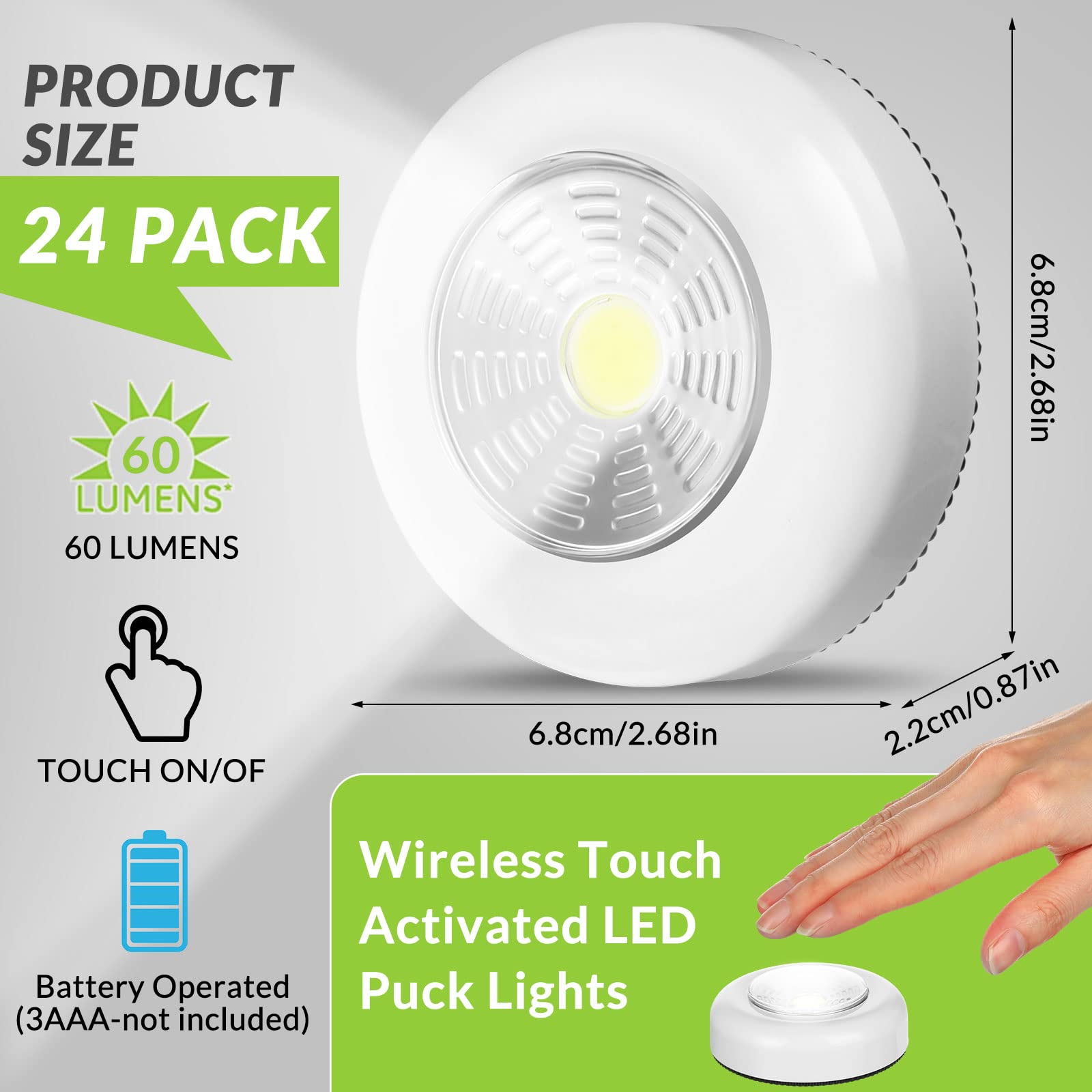 Macarrie 24 Pcs LED Puck Lights - Wireless, Battery Operated, 60 Lumens, Touch Control, White for Under Cabinet and Closet Lighting