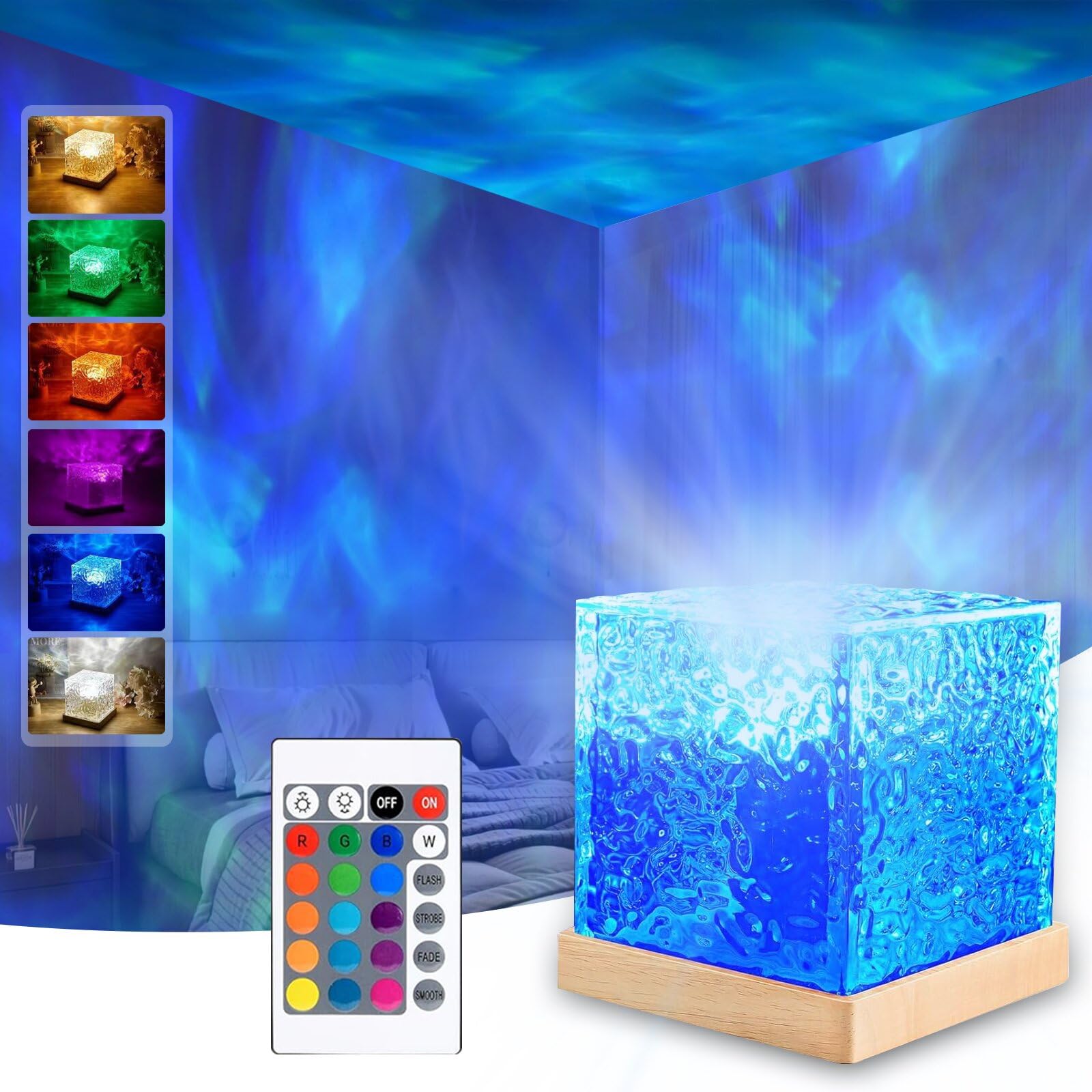 TGYWCHY Ocean Wave Projector Lamp,Northern Lights Aurora Projector Light,16 Colors Gradual Rotating Flame Water Lamp,Cube Night 