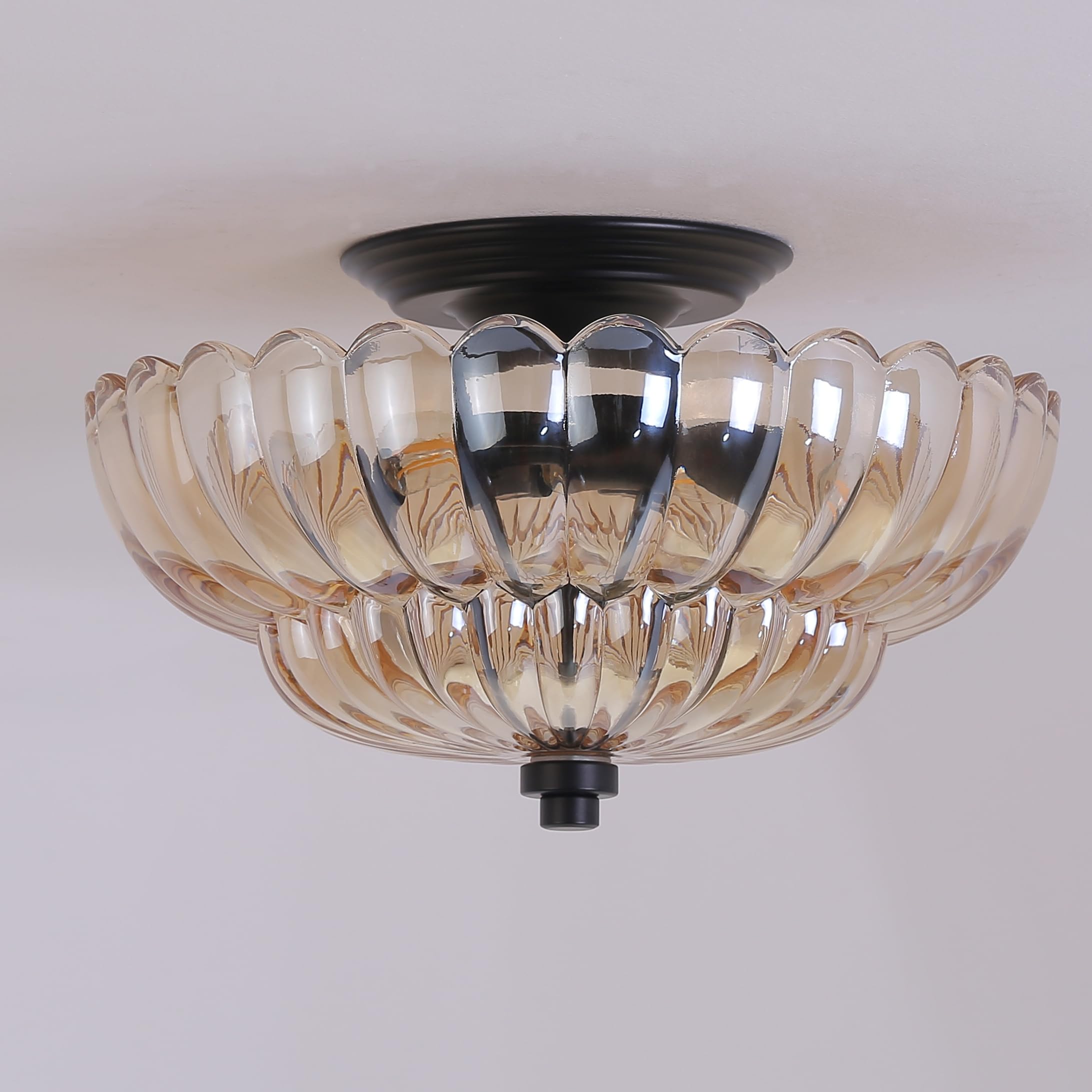 Semi Flush Mount Ceiling Light, Scalloped Amber Glass Close To Ceiling Light Fixtures With 2 Lights, Black Vintage Light Fixture