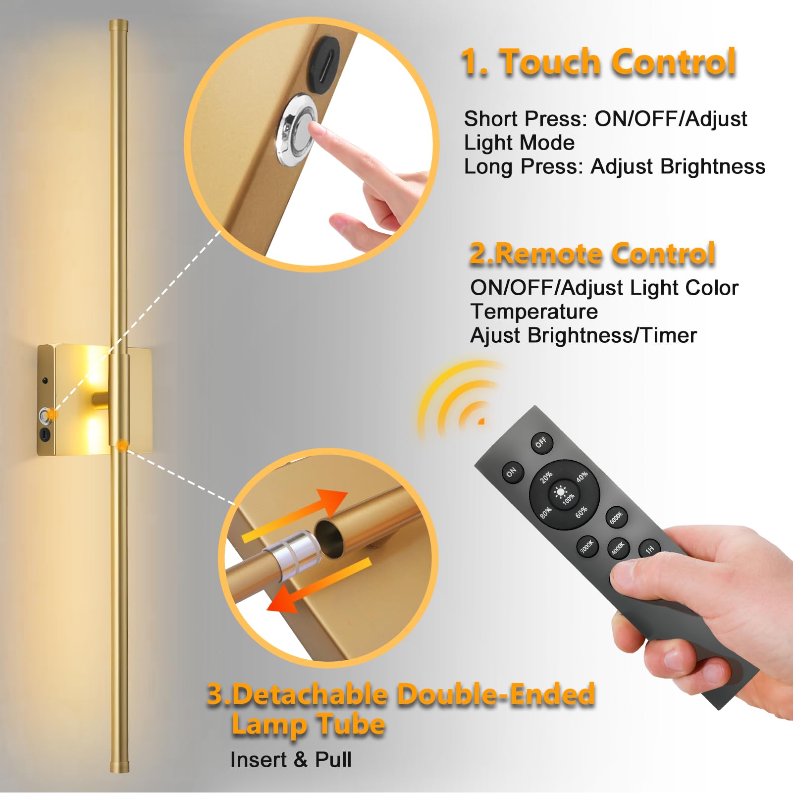JEAYYDSI Battery Operated Wall Sconces, Dimmable LED Light, Remote Control, USB Rechargeable, Gold, Model GG-Lighting M