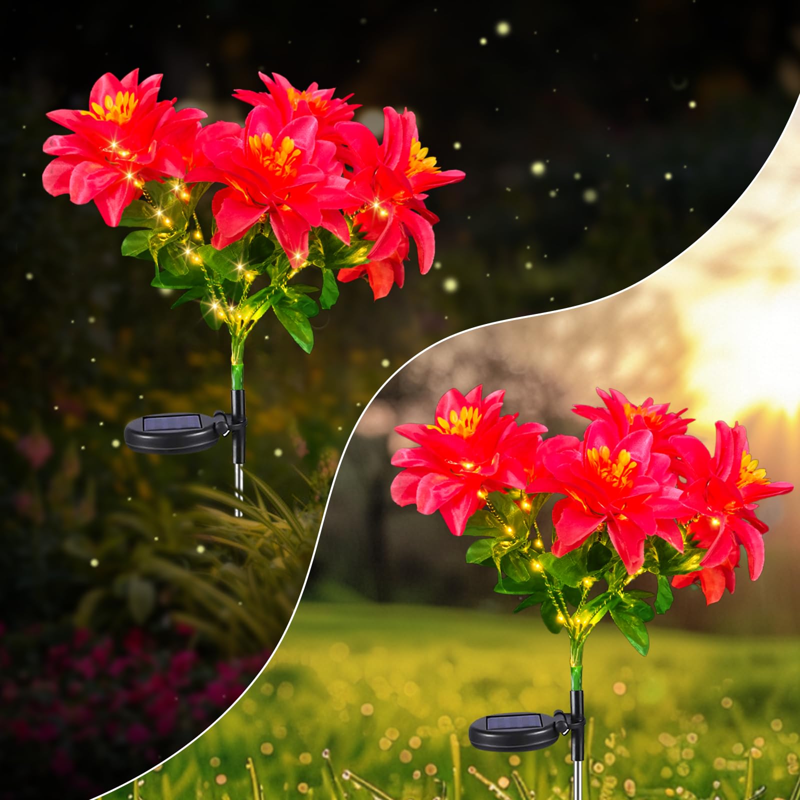Neporal Solar Flowers Outdoor Waterproof Rhododendron,Garden Solar Lights Decorative 4PK 7-Stem, 2 Lighting Modes, Solar Powered