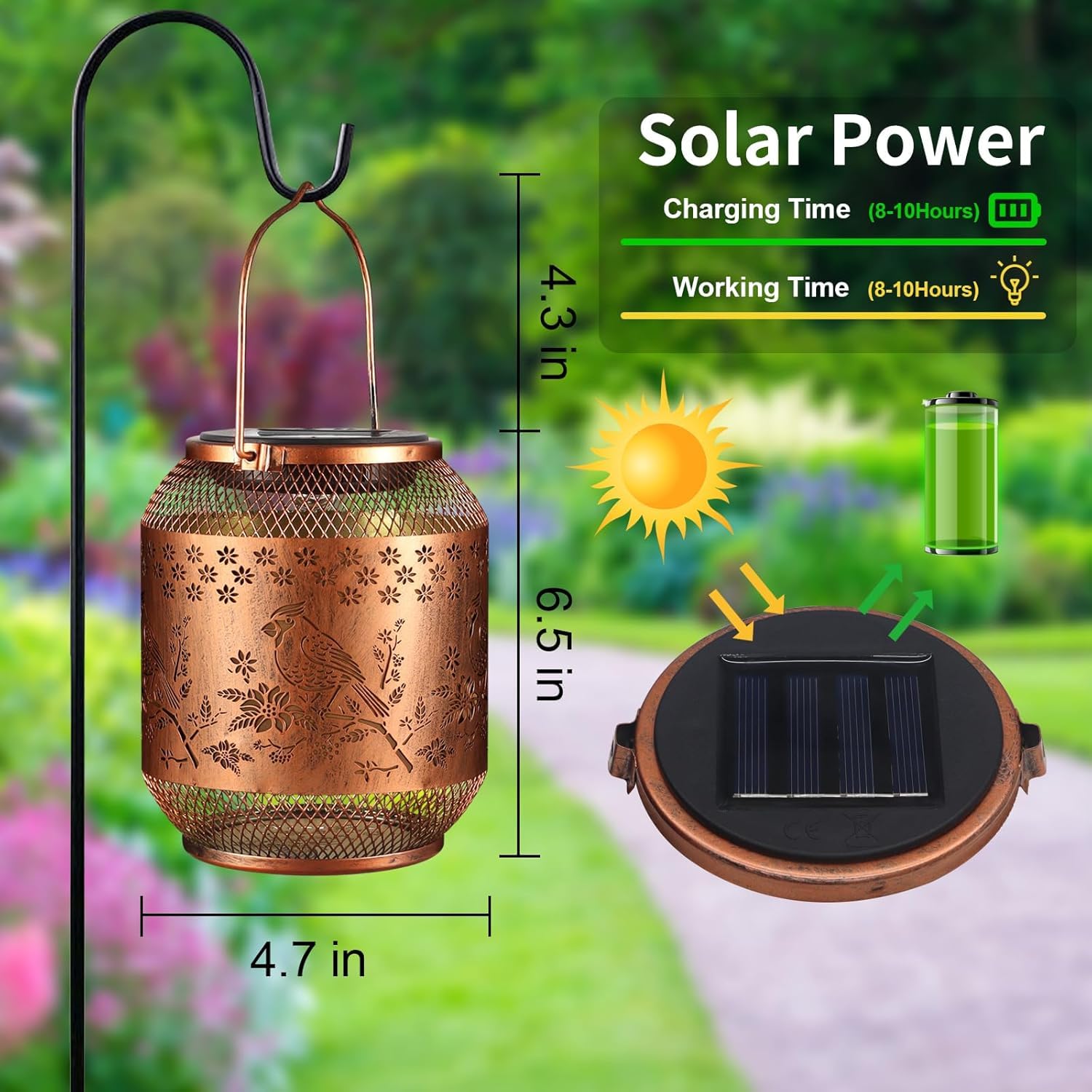 Doogarden Solar Lantern - Waterproof Metal Hanging LED Lights for Garden, Red Bird, Outdoor Decor
