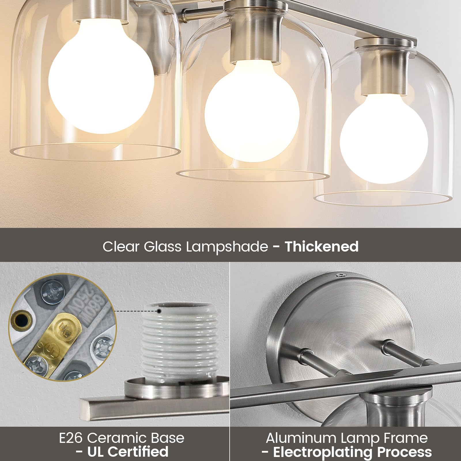 Woshitu Vanity Light Fixture: 23.3 Inch Modern Brushed Nickel Lights Over Mirror With Clear Glass Shade, 3-Light Farmhouse Bathr