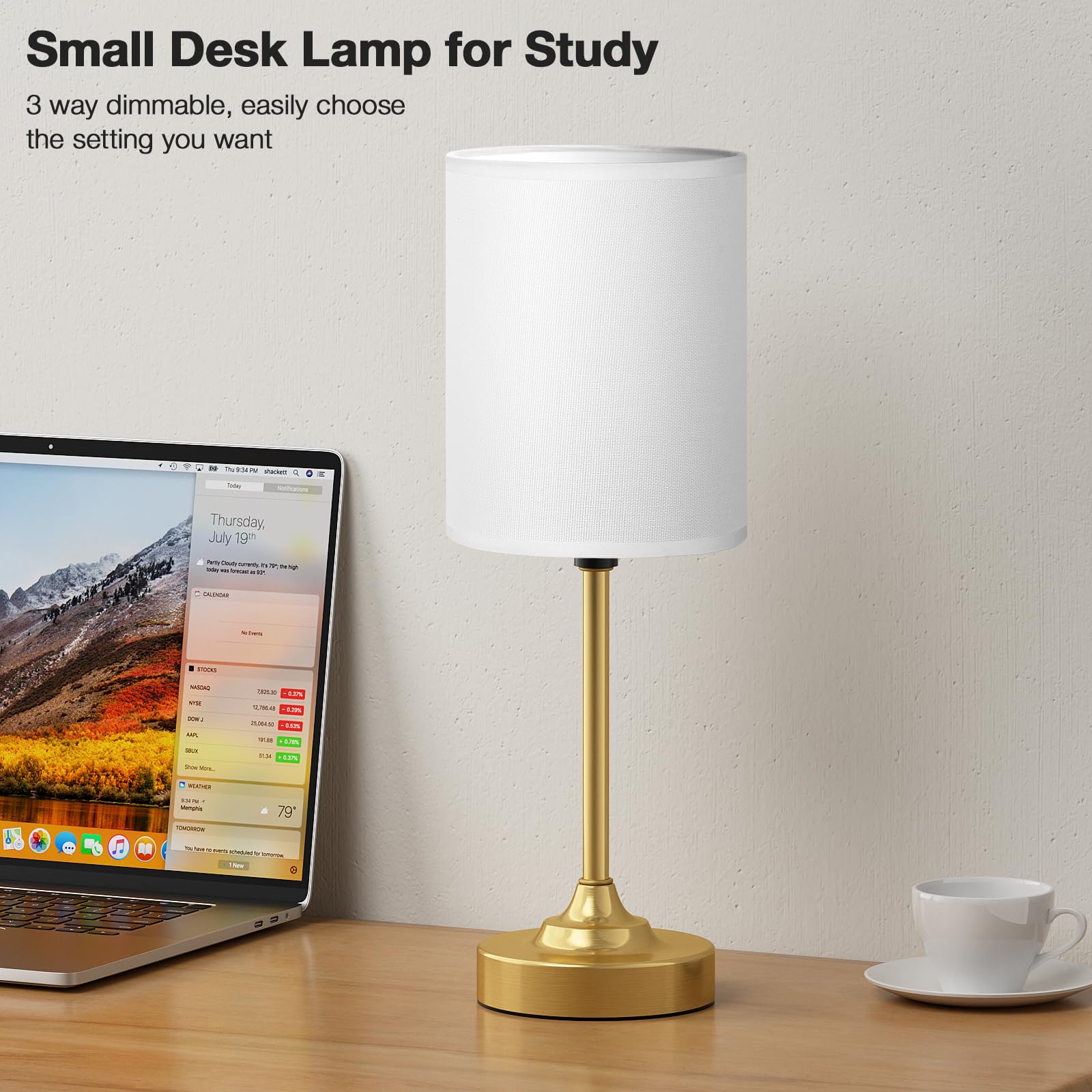 Fenmzee Gold Nightstand Bedroom Lamp - 3 Way Dimmable Bedside Lamp, Small Table Lamp Linen Lampshade For Office Desk, Led Bulb I