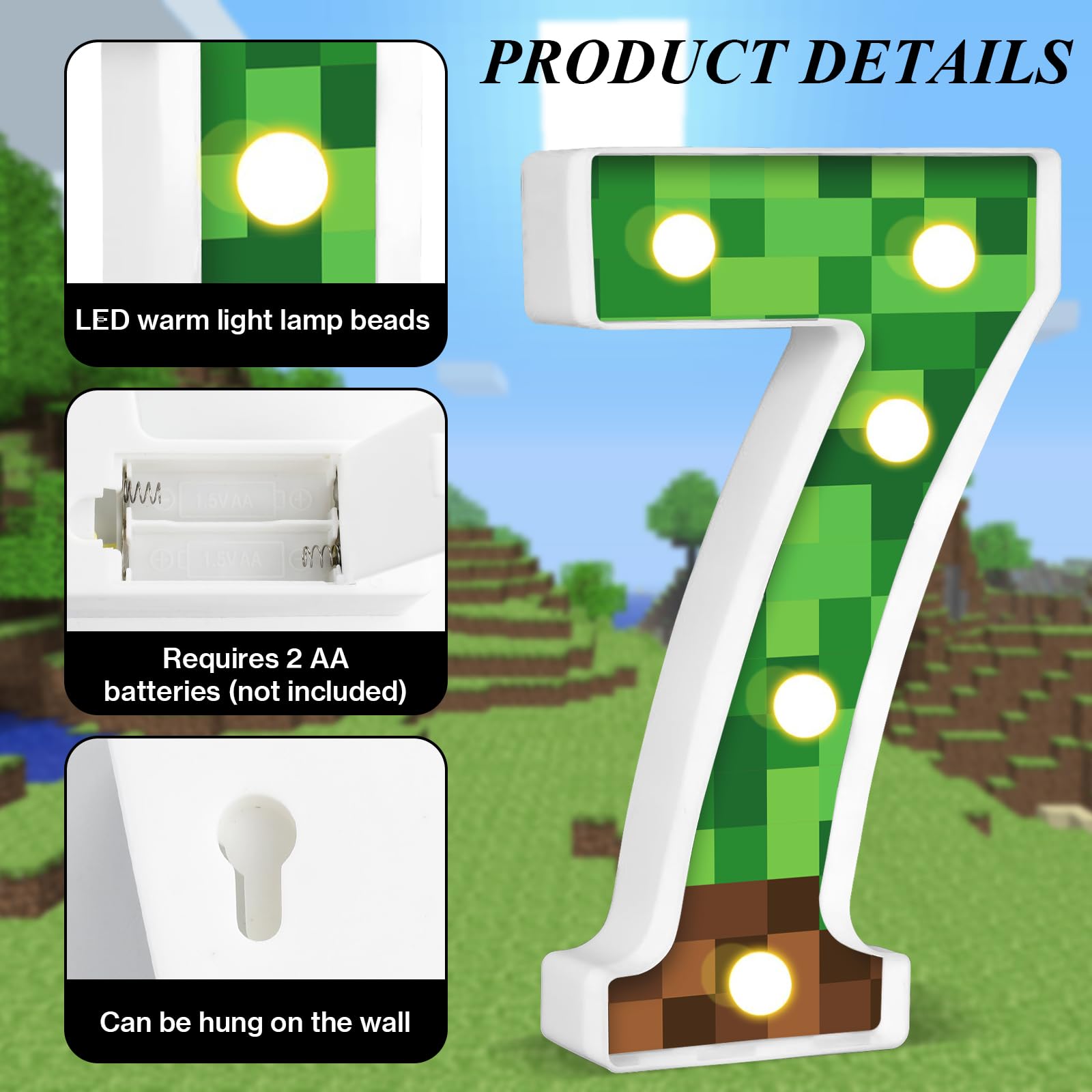 AXBMM Pixel Game Light Up Sign, Number 7, 8.5in Table Centerpiece, Green/Brown, PP Plastic, LED, Model XY-371