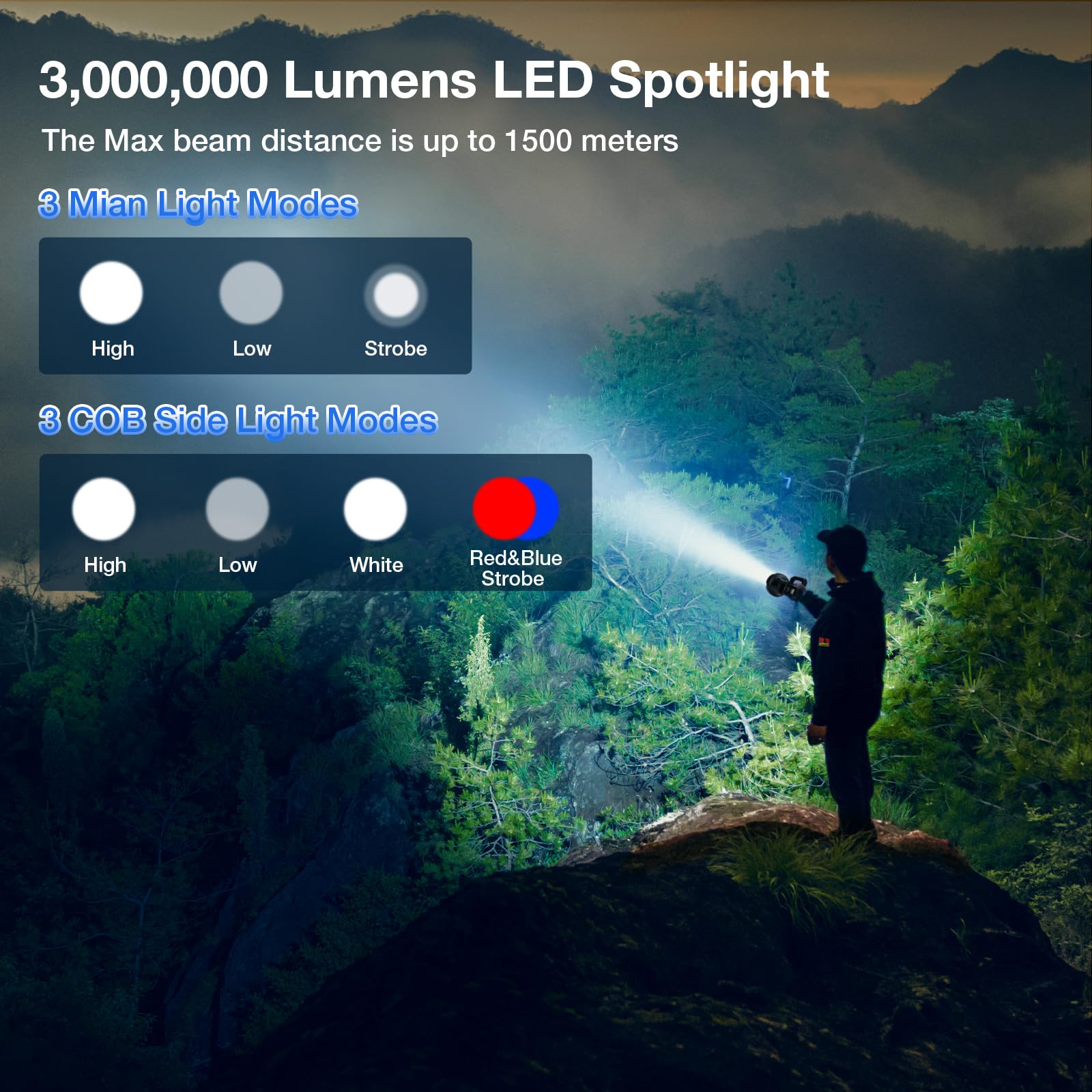 Solar Rechargeable Spotlight, 3,000,000 Lumens Led Spot Lights Outdoor Handheld Super Bright Long Range Flashlight With 6 Modes,