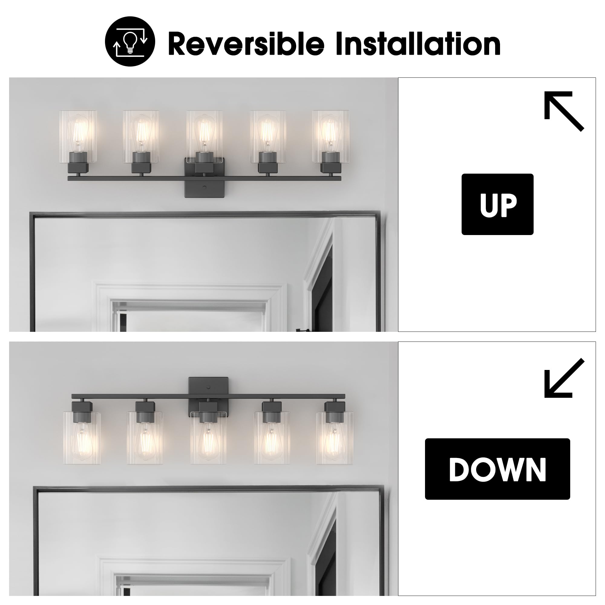 Espird 5 Light Bathroom Vanity Light - Matte Black Bathroom Light Fixtures Square Design & Ul Certification, 31 Inch Black Bath