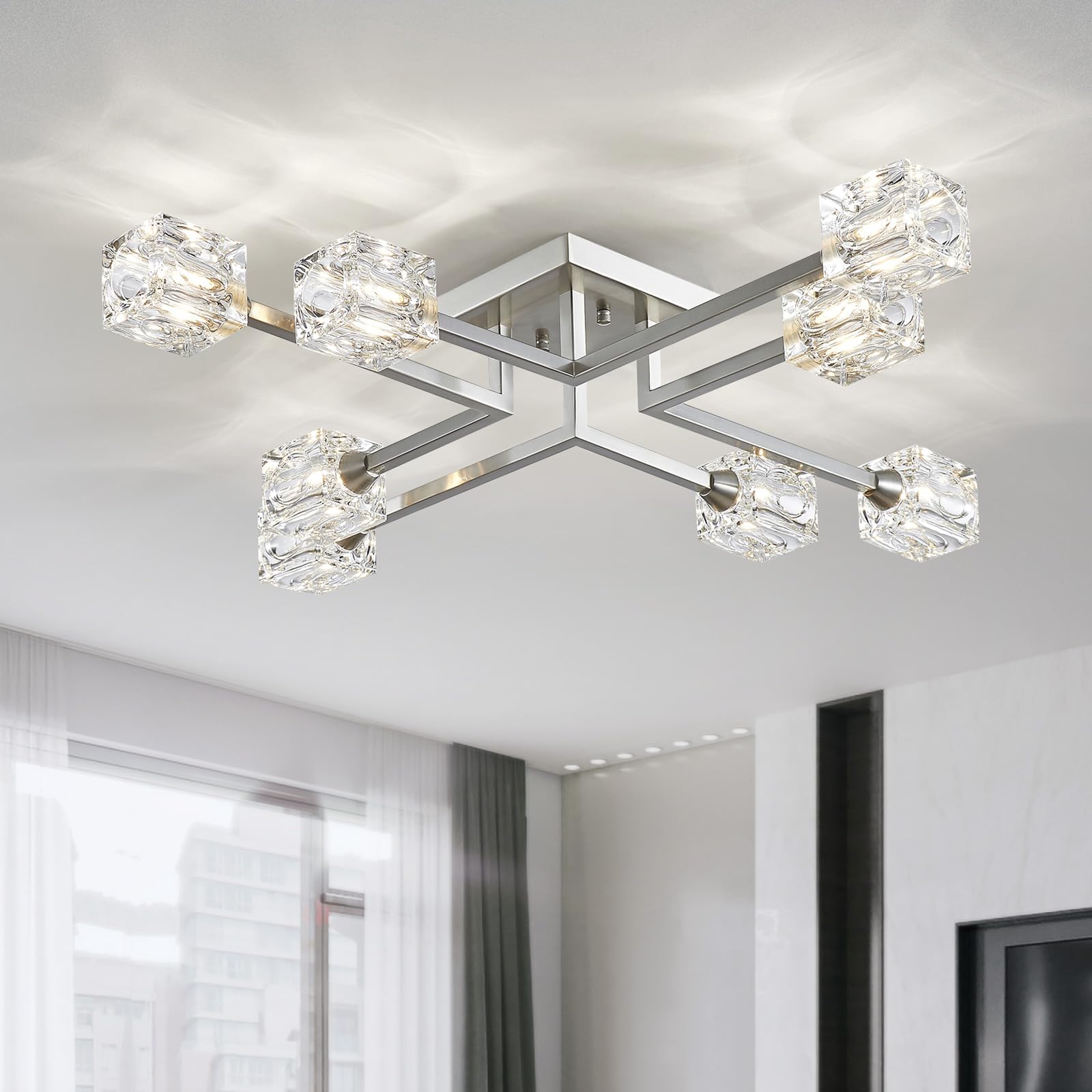 XINGQI 8-Lights Semi Flush Mount Ceiling Light Fixture, Modern Chandelier Brushed Nickel Lighting Fixtures Sputnik Chandeliers f