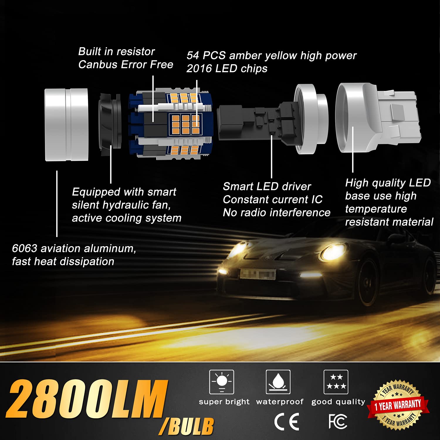 Lighsta 7440 7440A Built In Resistor Anti Hyper Flash Led Bulbs Amber Yellow, T20 7440Na 7441 W21W Wy21W Canbus Error Free Led B