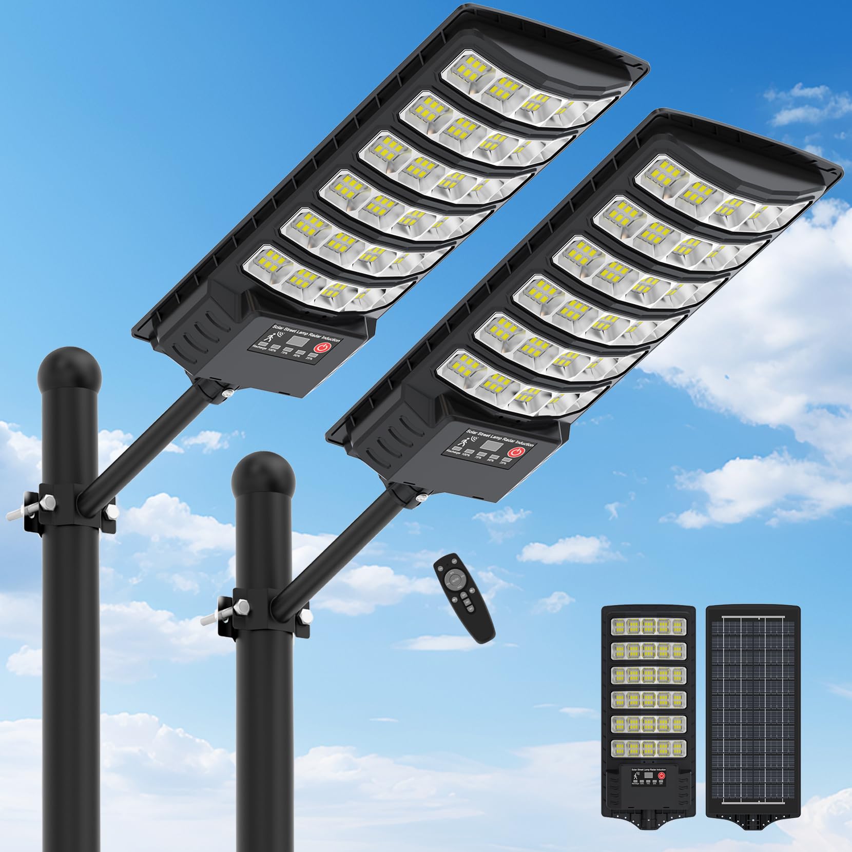 VowelsOne Solar Street Lights, 48000LM LED Flood Light, Motion Sensor, Remote Control, 2 Pack, Black, UO Model