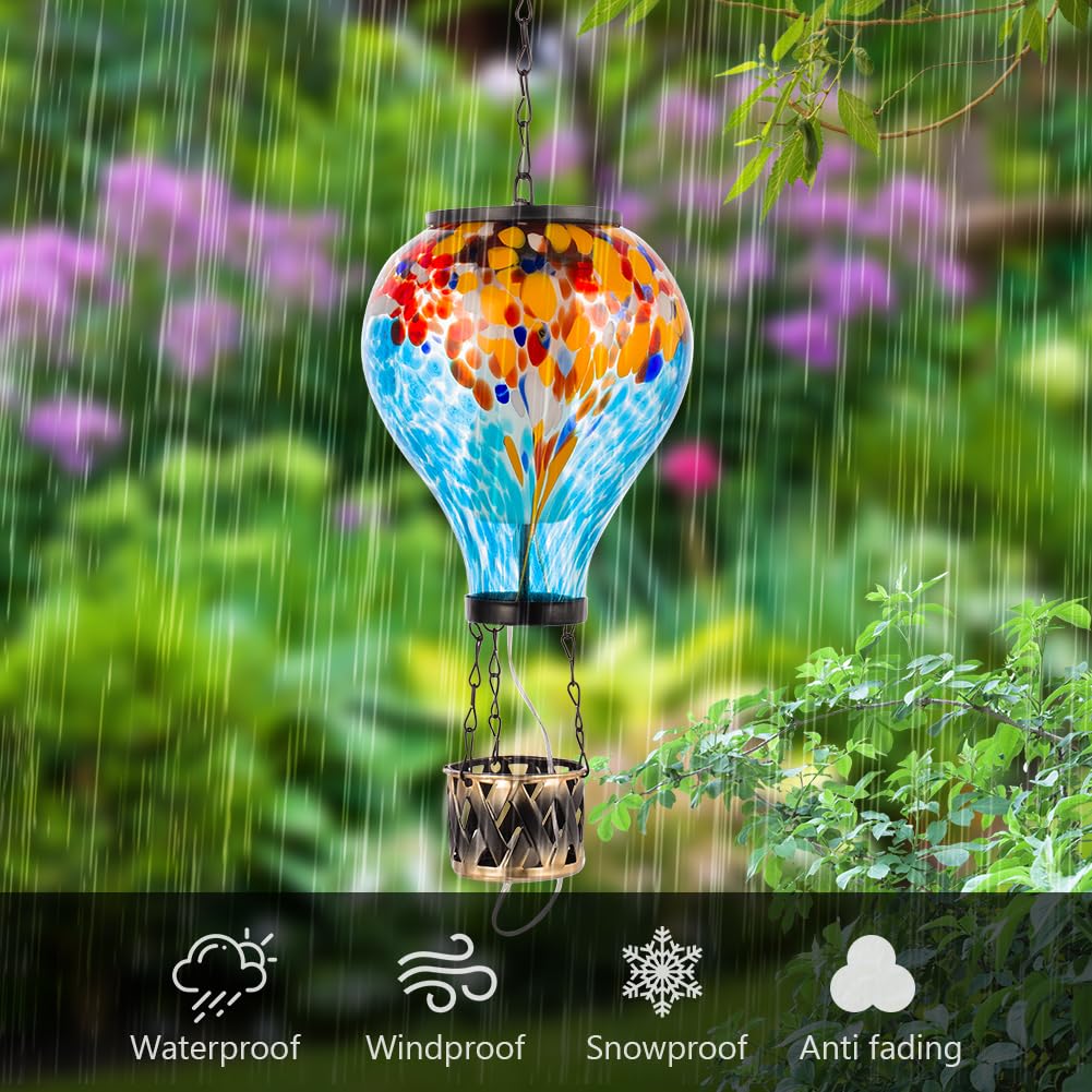 Giole Solar Hot Air Balloon Lantern Flickering Flame, Glass Hanging Solar Powered Lights, Waterproof Outdoor Garden Hanging Lant