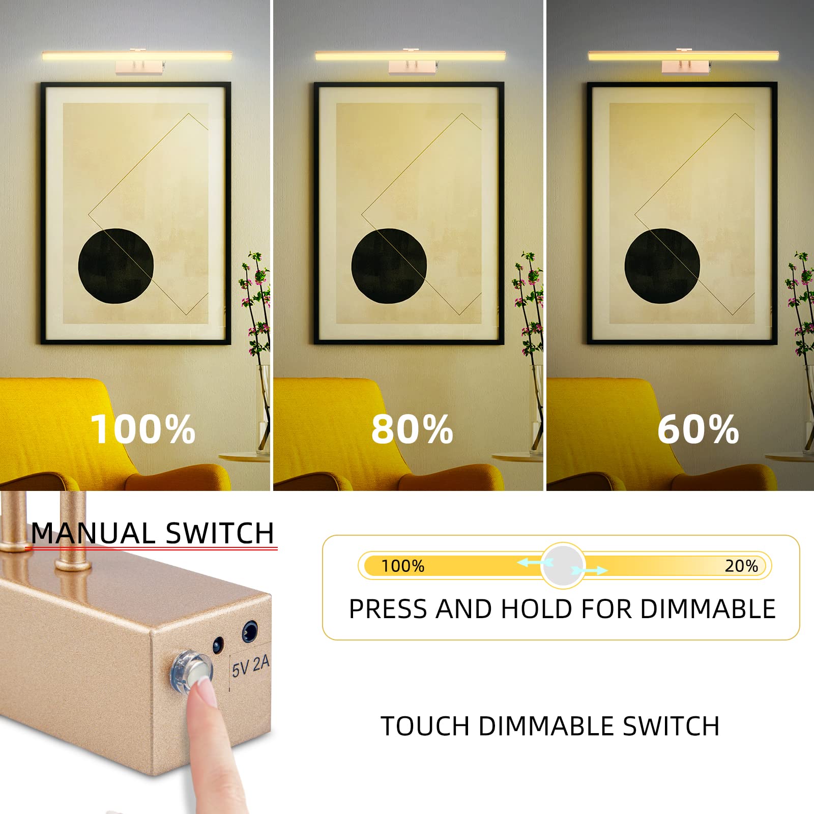 FUNCHDAY Picture Light, Remote Control, Dimmable, 16in Metal Art Light, Rose Gold