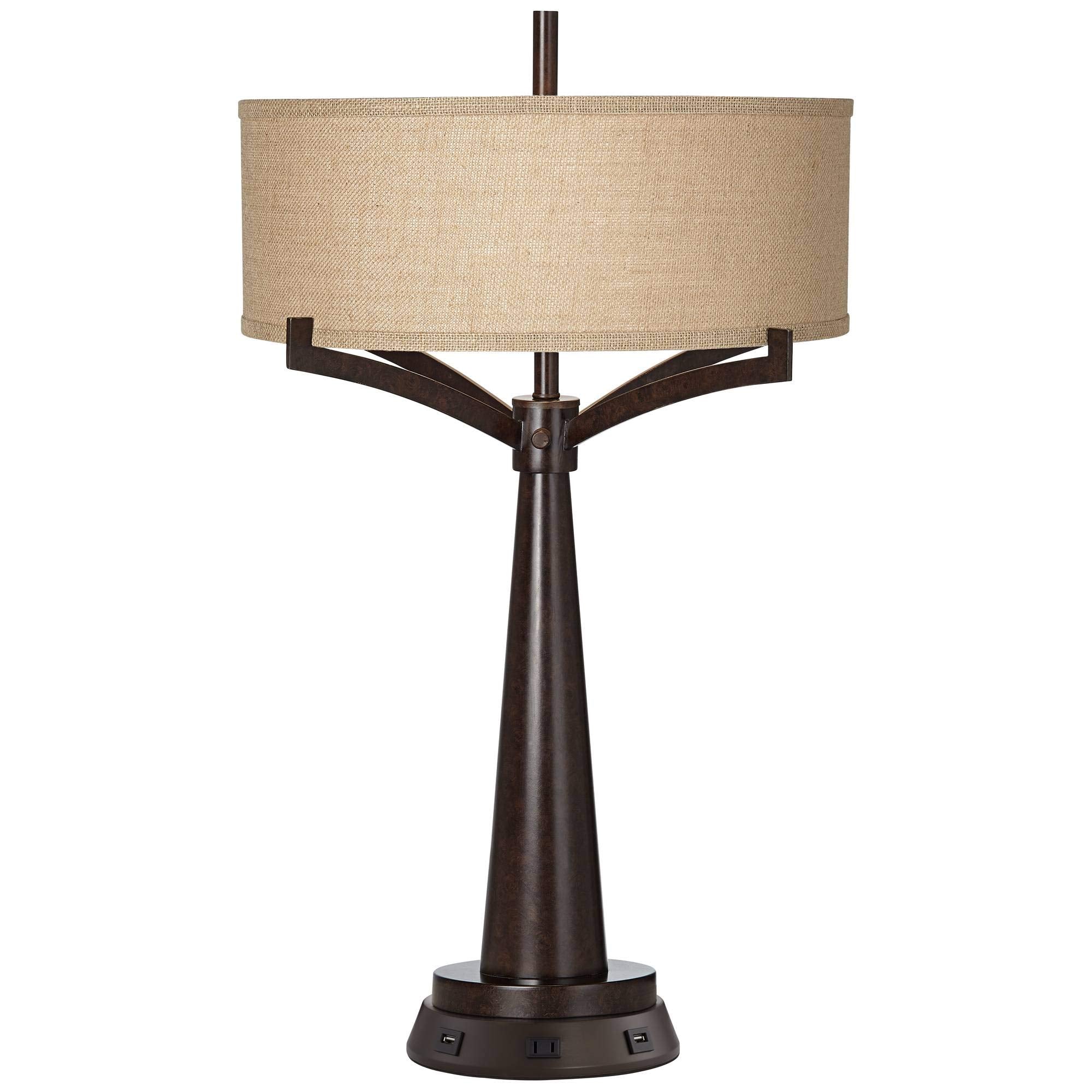 Franklin Iron Works Tremont Rustic Farmhouse Table Lamp 31 1/2 Tall with USB and AC Power Outlets in Base Bronze Iron Burlap Dru