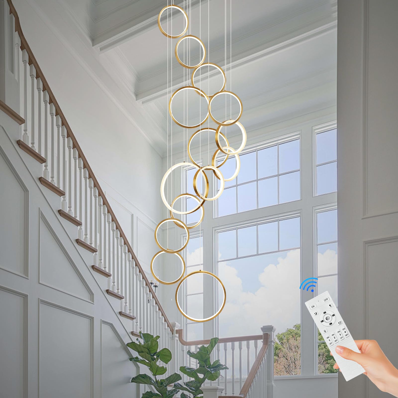 Sparklelf 14 Rings Modern Led Chandelier For High Ceiling Dimmable Gold Contemporary Foyer Long Chandelier For Entryway, Long Pe