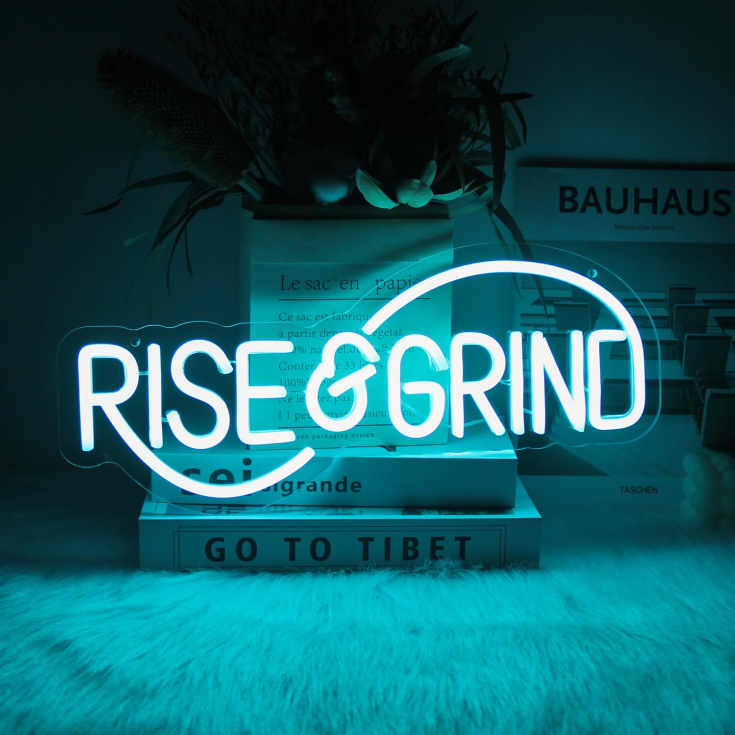 CKTBLEY Neon Sign - Rise & Grind Motivational LED Wall Art, Ice Blue, Acrylic, Inspirational Decor for Bedroom, Office, Gym, Man Cave