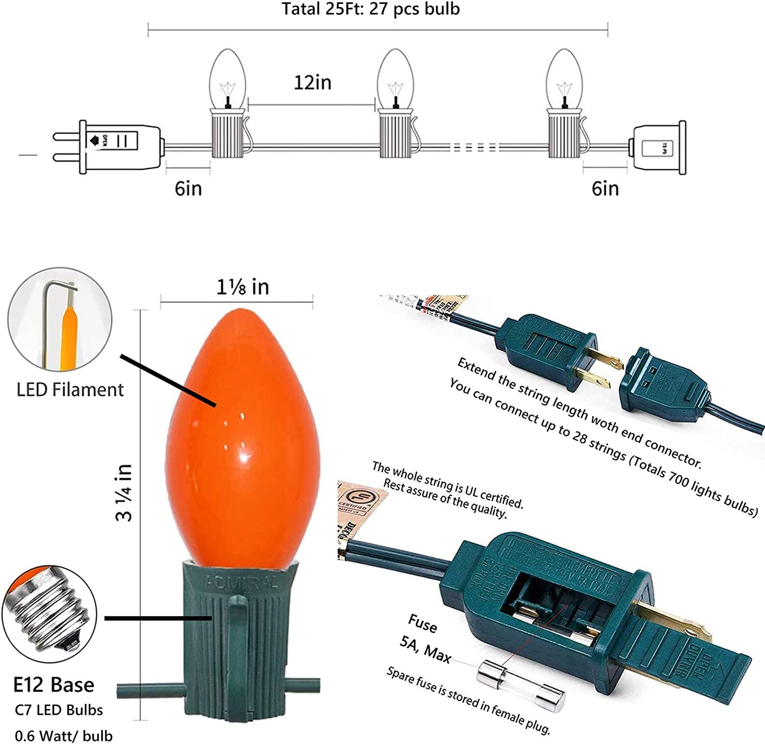 Konictom 25Ft Led String Lights - Multicolor Retro Ceramic Bulbs For Christmas & Parties
