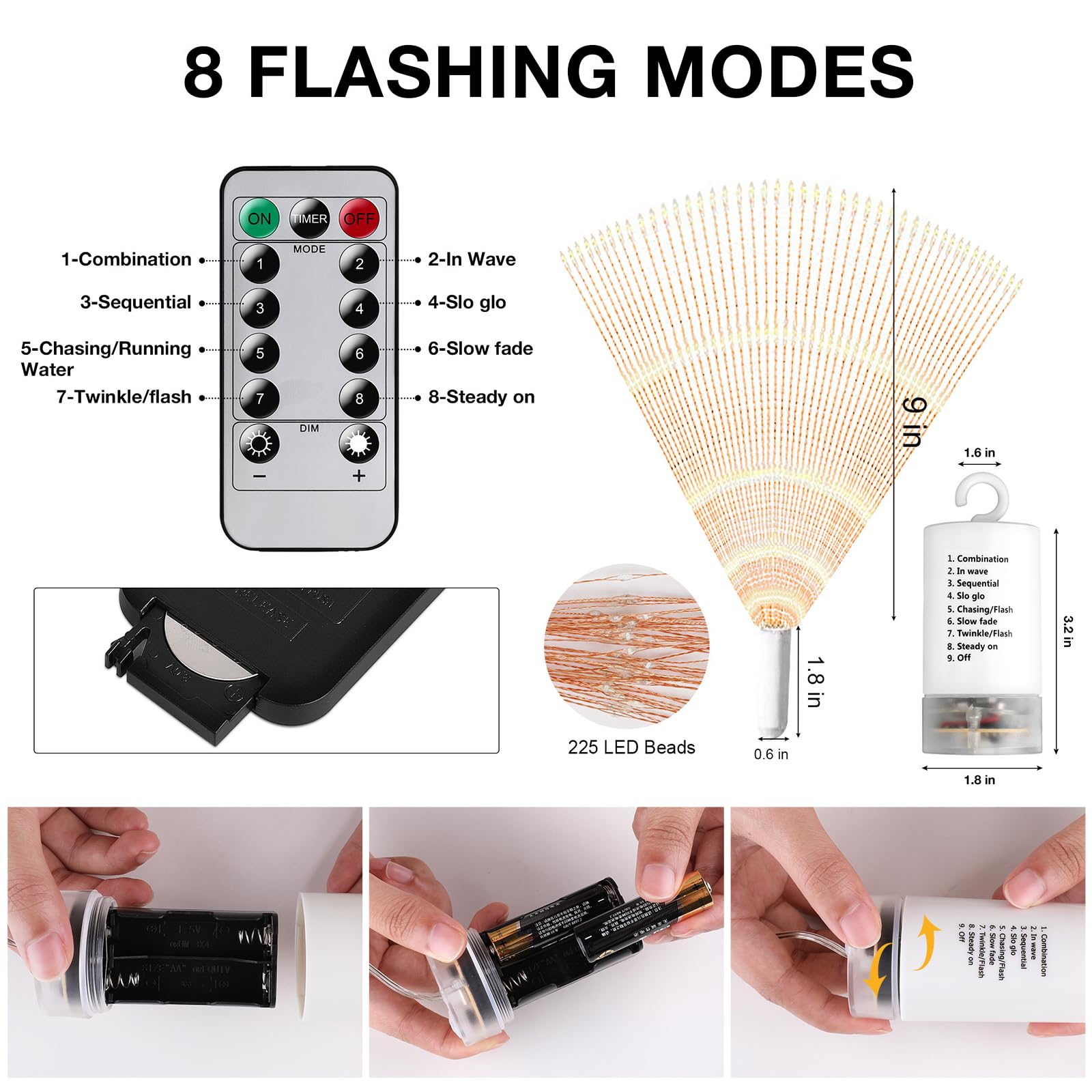 Techip 225Led Multicolor Battery Operated String Lights With Remote - 4Pcs Waterproof Fairy Lights