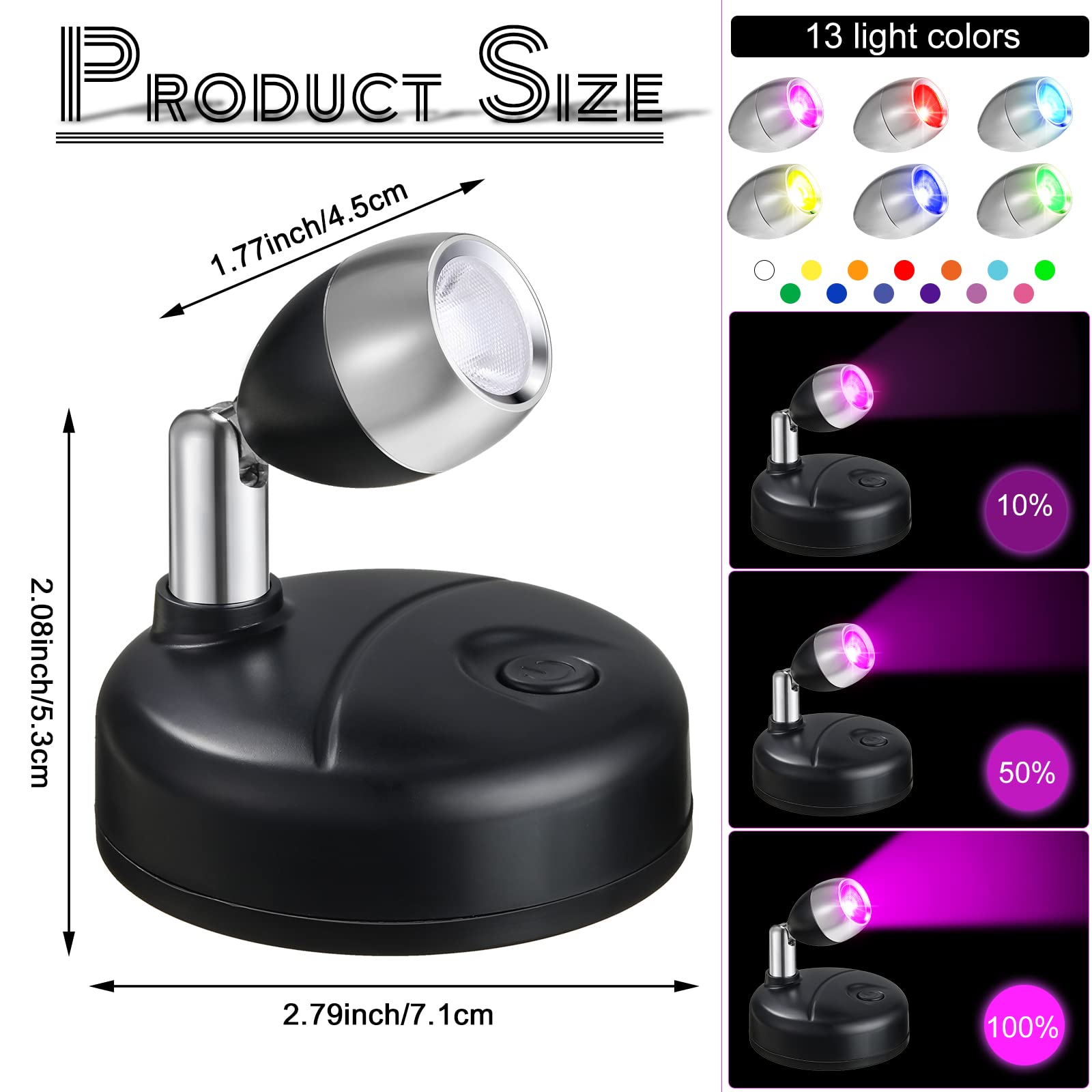 Hortsun 6-Pack Led Battery Operated Spotlights, 13 Color Rotatable Wireless Indoor Lighting, Black