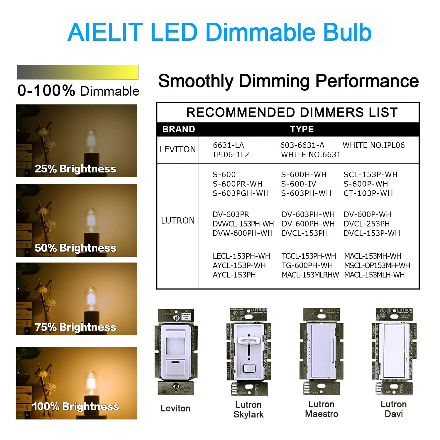 Aielit T45/T14 6W E26 Led Tube Bulb 60 Watt Equivalent, Dimmable(0-100%), Soft White 3000K, Antique Edison Filament Light Bulbs