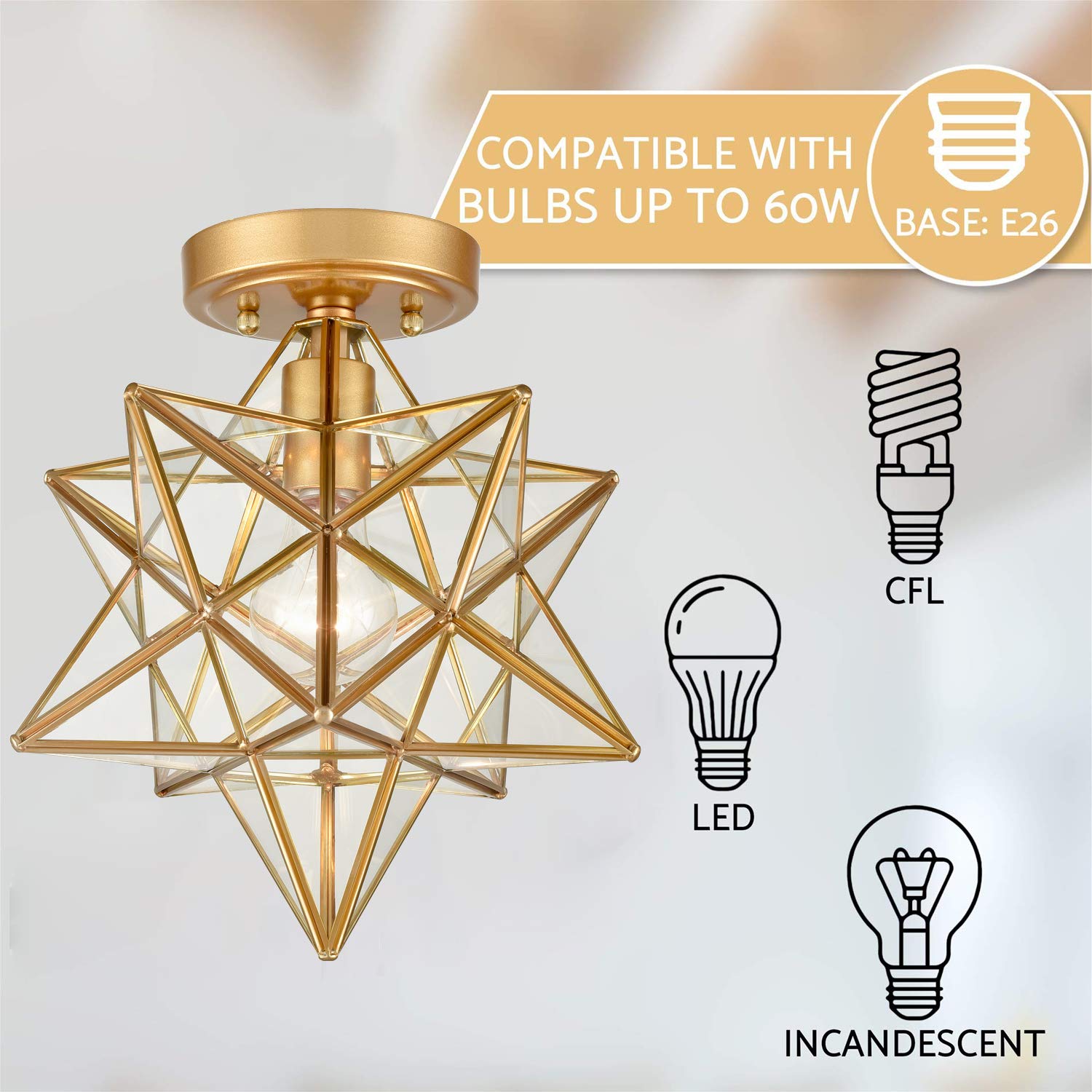 DANSEER Brass Moravian Star Flush Mount Ceiling Light, Clear Glass, Modern Design