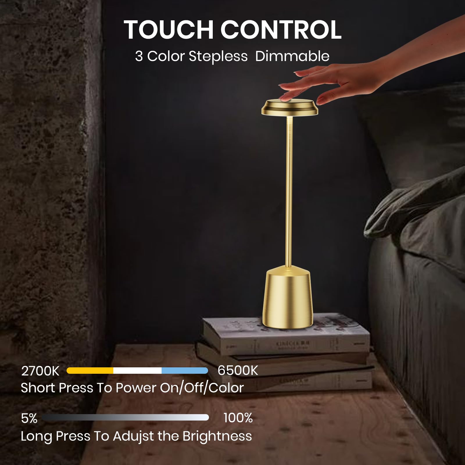 Aluminum Led Cordless Gold Table Lamps Set Of 2, Portable Rechargeable 5000Mah Battery Operated Table Light, 3 Color Stepless Di