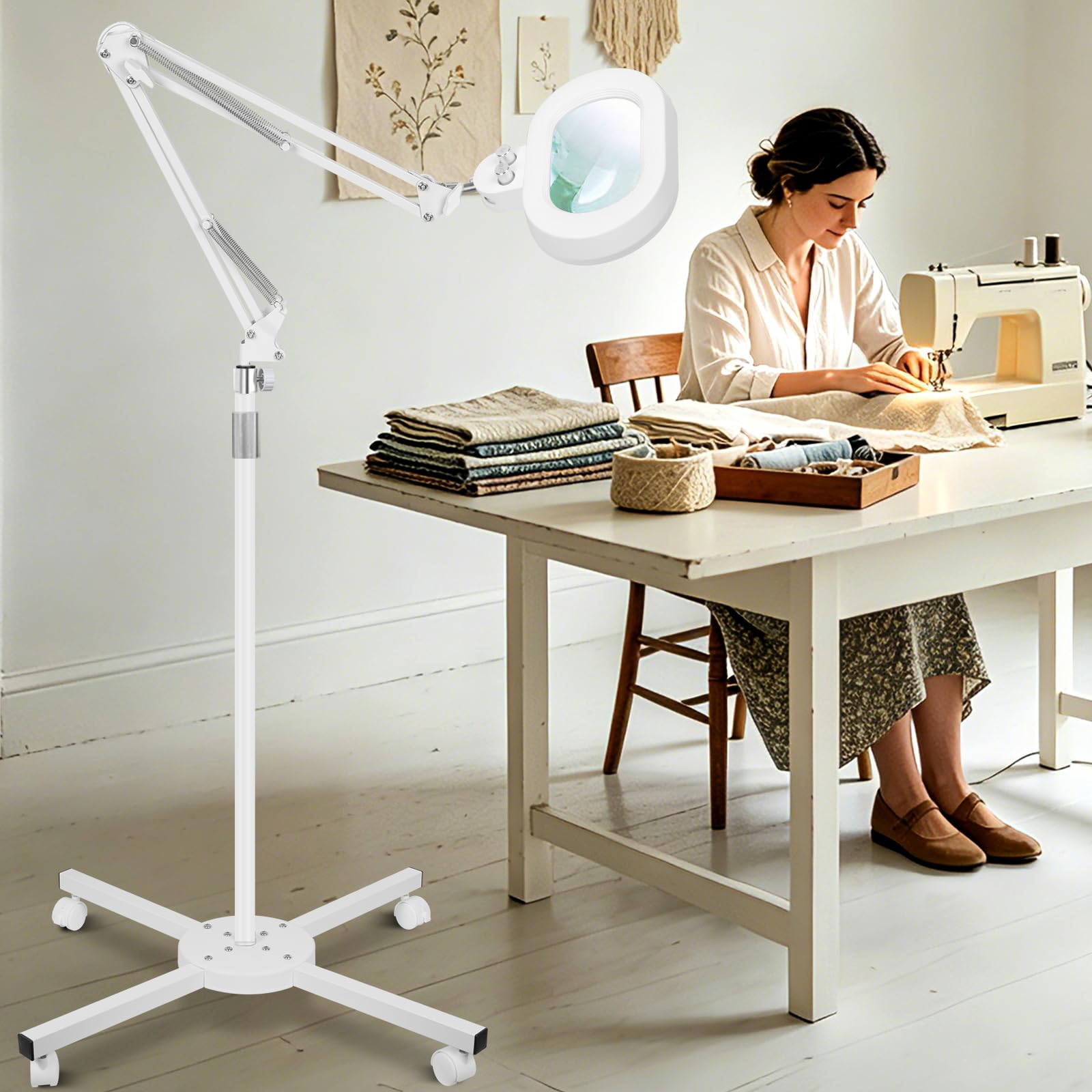 KMDES 12X Magnifying Floor Lamp, 2 in 1 Lighted Magnifier Glass with Light for Workbench, Craft, Sewing, Esthetician, Three-axis