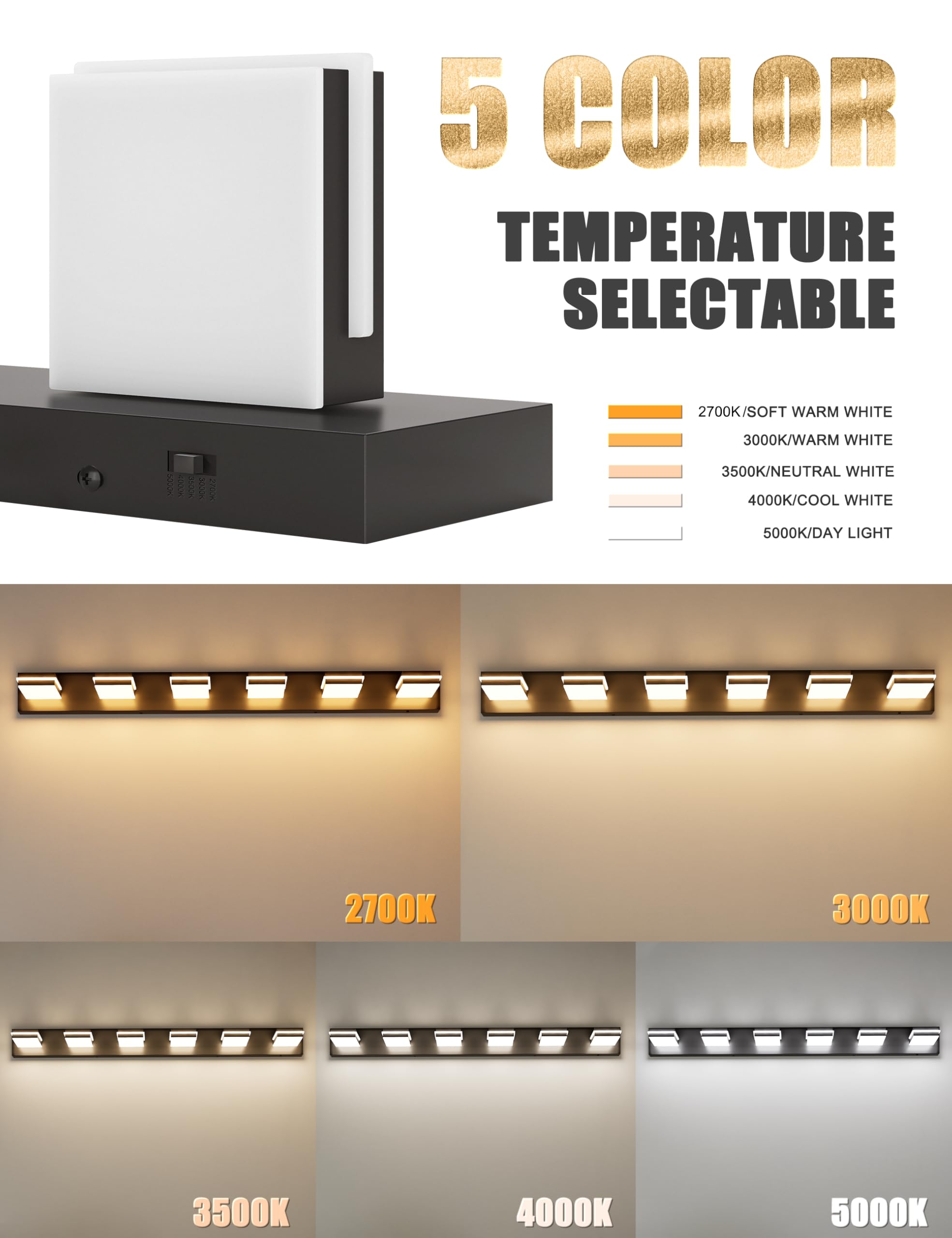VOLISUN 6-Light Dimmable Bathroom Vanity Light, 48-Inch, 5CCT, Rotatable Acrylic Fixtures, Model 9553F, ETL Certified, Black