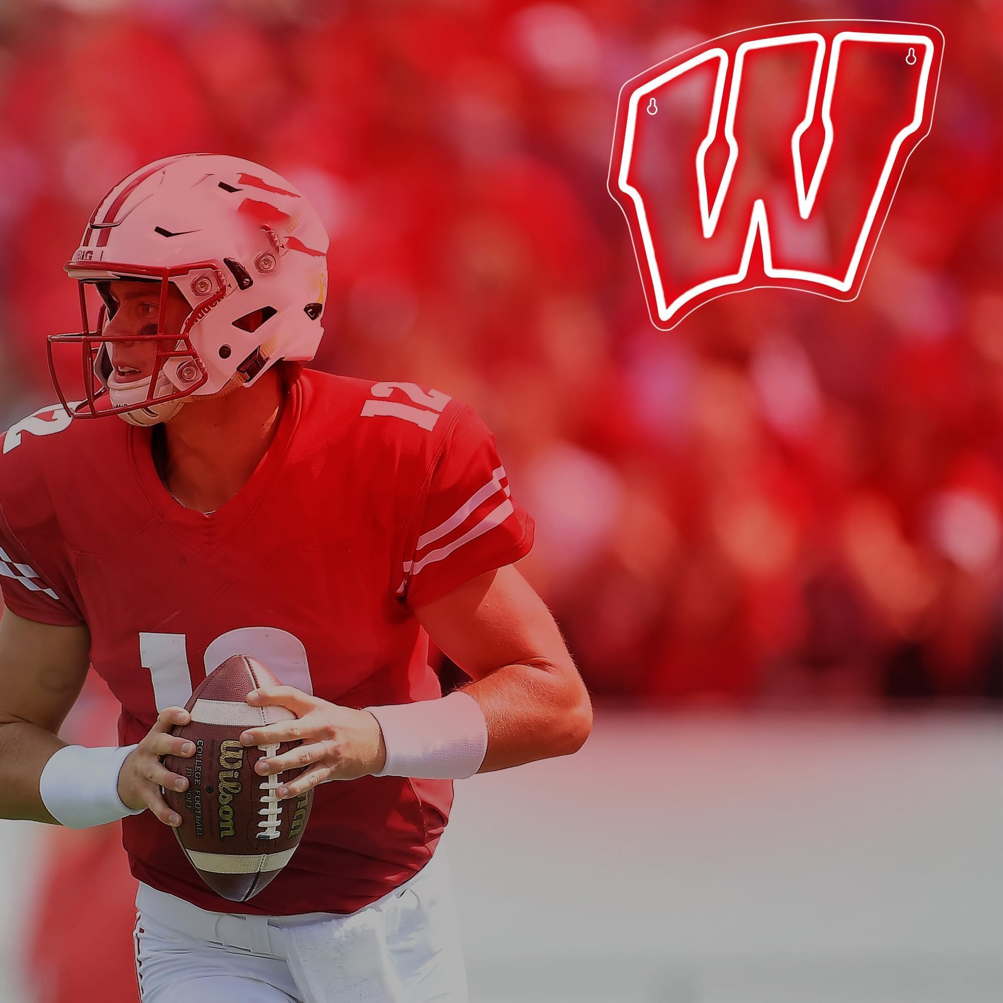 FTMGGDG University Neon Sign, Wisconsin Red LED Football Team Logo, 13.18in Acrylic Decor for College Students & Sport Fans