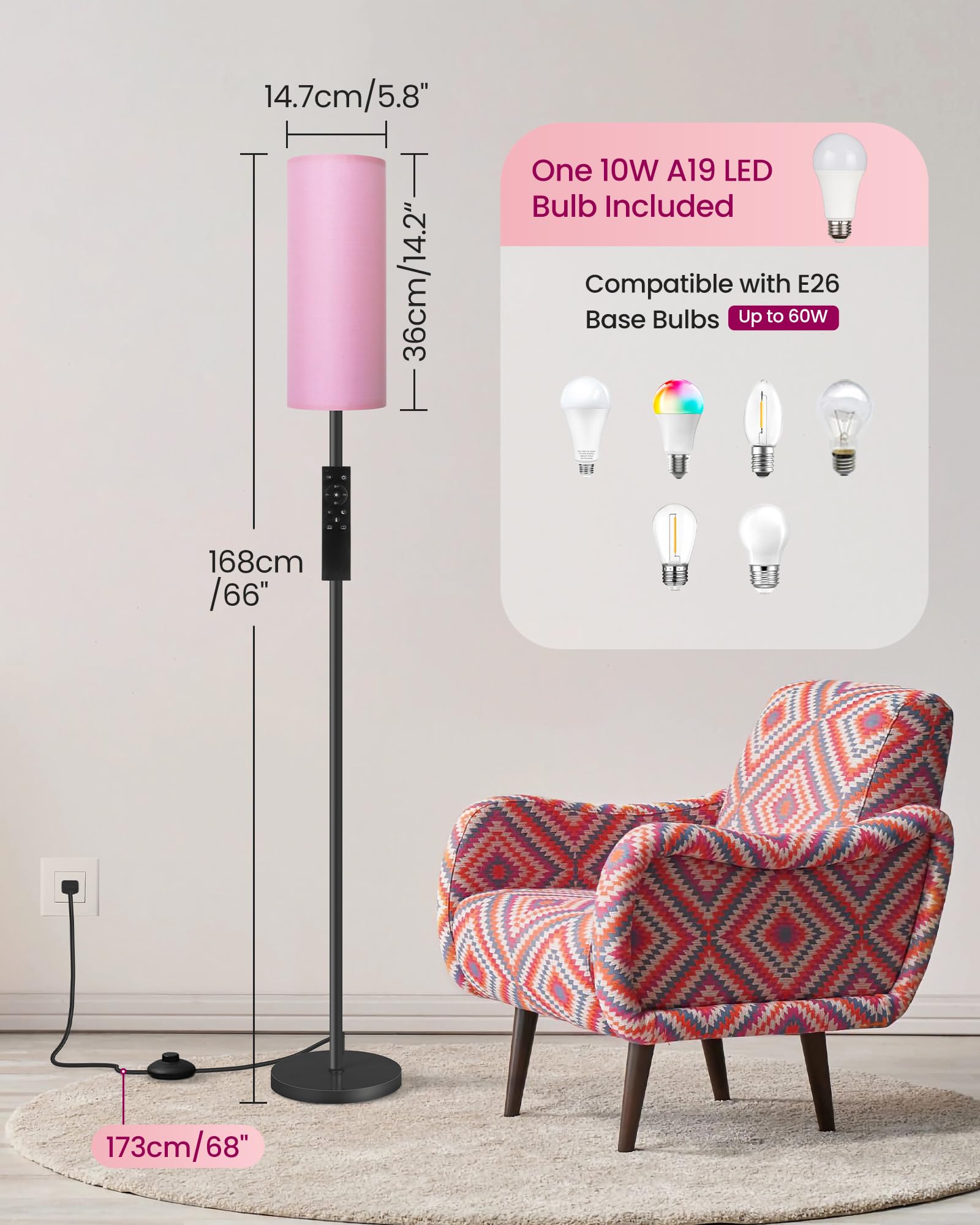 Dimmable Pink Floor Lamp For Living Room With Remote And Foot Switch, Corner Floor Lamp For Bedroom, 66'' Standing Tall Lamp, 10