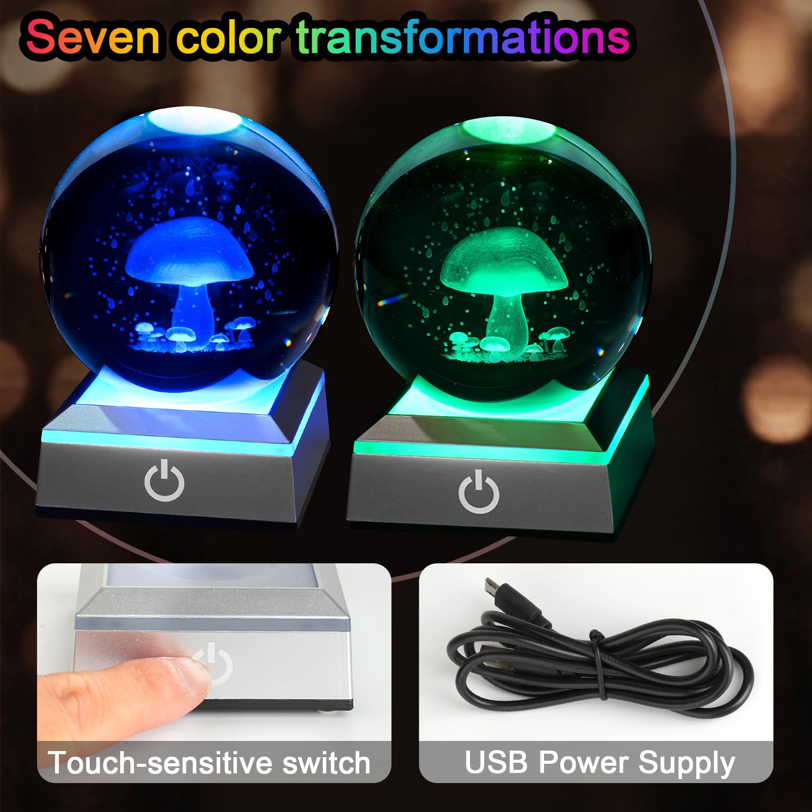 Eicxjui 3D Mushroom Crystal Night Light With Multicolor Led Base Glass Laser Engraved Mushroom Figurines Gifts For Boys Girls Lo